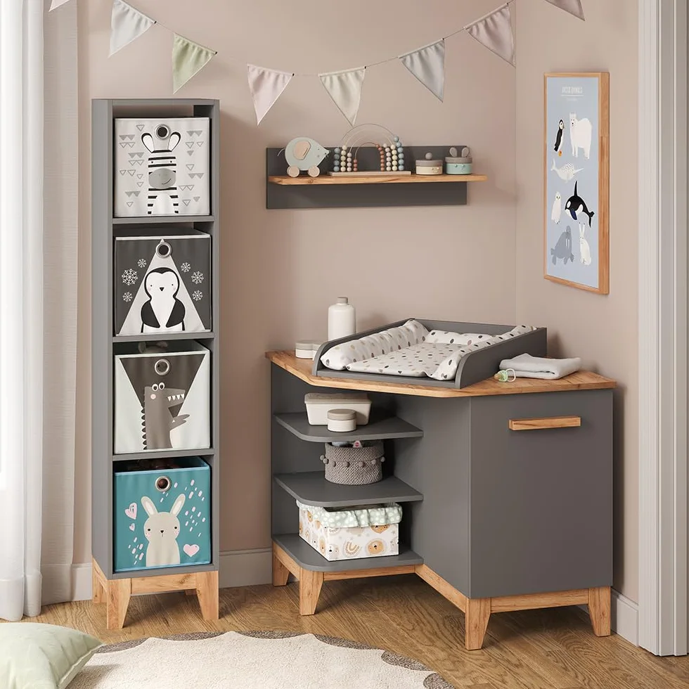 VitaliSpa Table à Langer Malia Gris Artisan 85x85.2cm avec Porte Plan Amovible Commode d’Angle