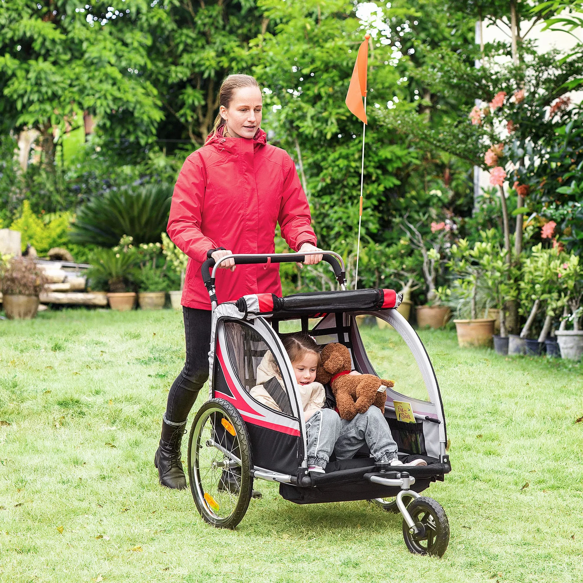 HOMCOM Remorque vélo enfant 2 en 1 convertible jogger poussette 26,4 kg 2 places