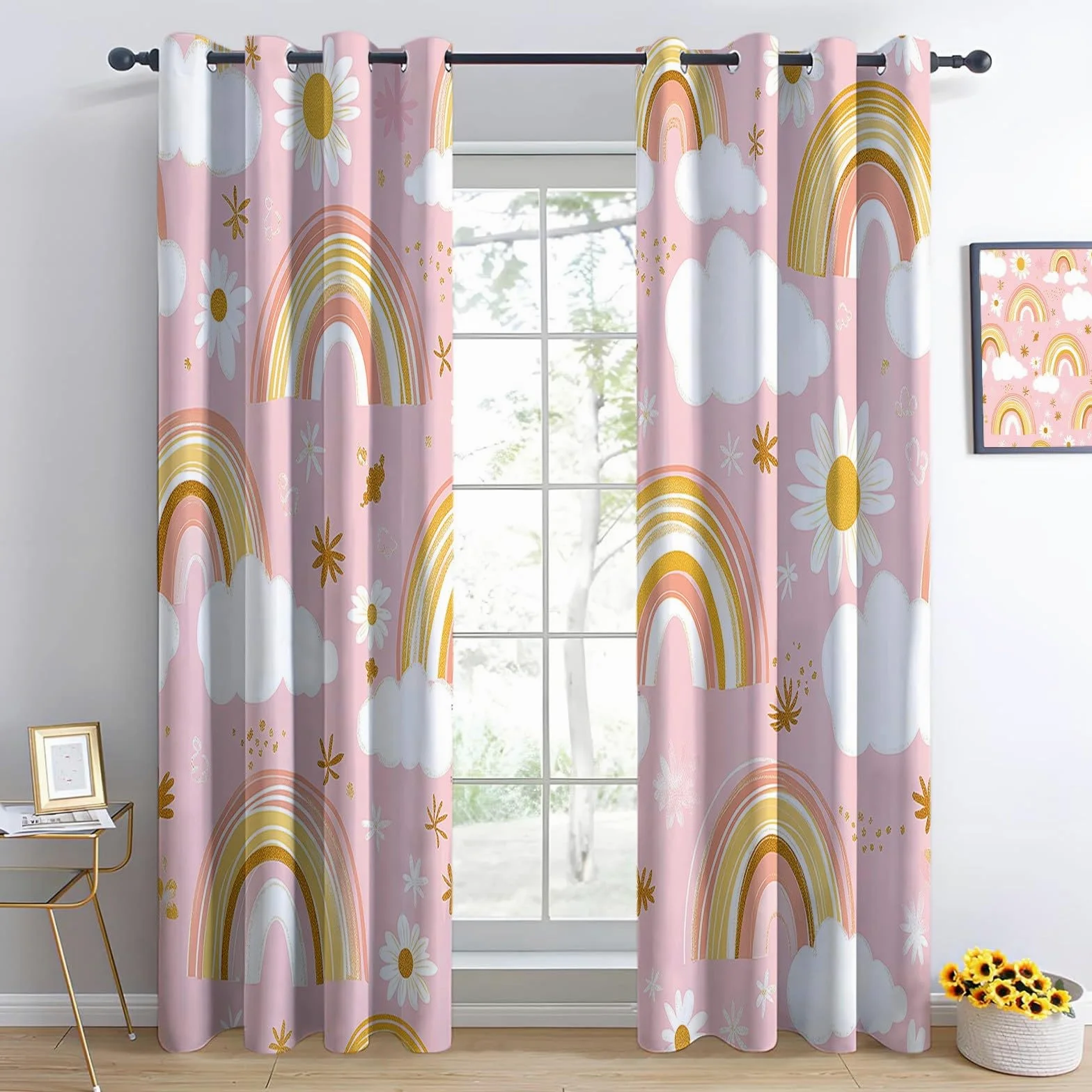 Générique Rideaux Occultants Nuages Arc en Ciel Plantes Fleurs, Rideaux Imprimé Isolant Thermique Anti Froid - Draperies Polyester Oeillet Rose pour Chambre Salon Décoration Lot de 2 110L x 215H cm