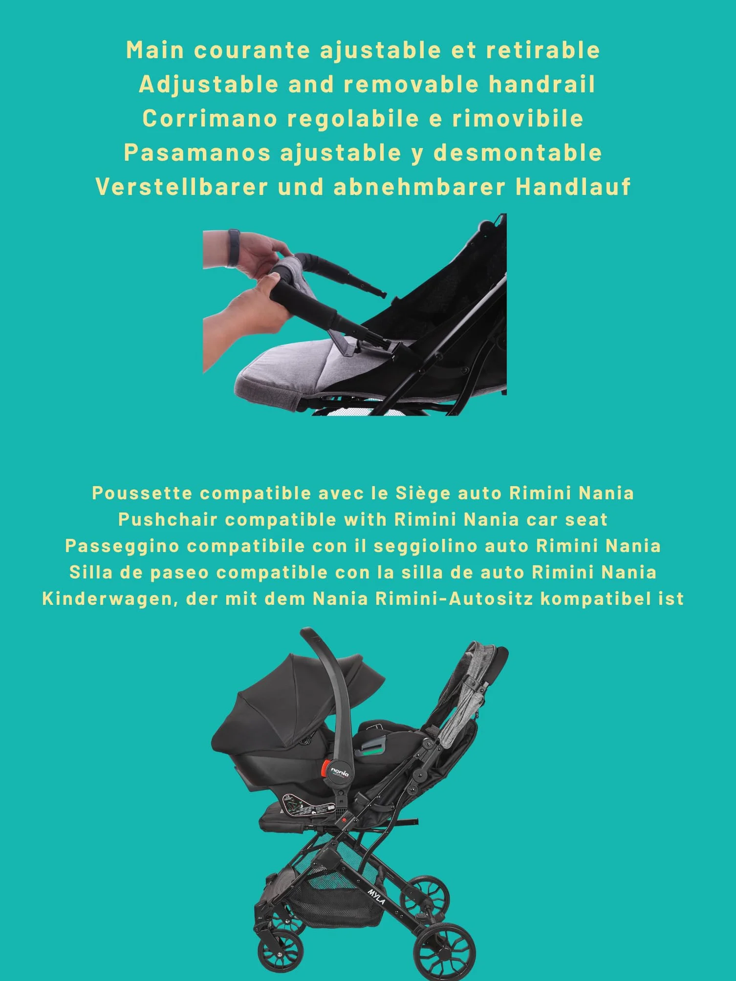 Nania Myla poussette canne compacte 0-4 ans 22kg légère 7,5kg inclinable grand panier trolley transport