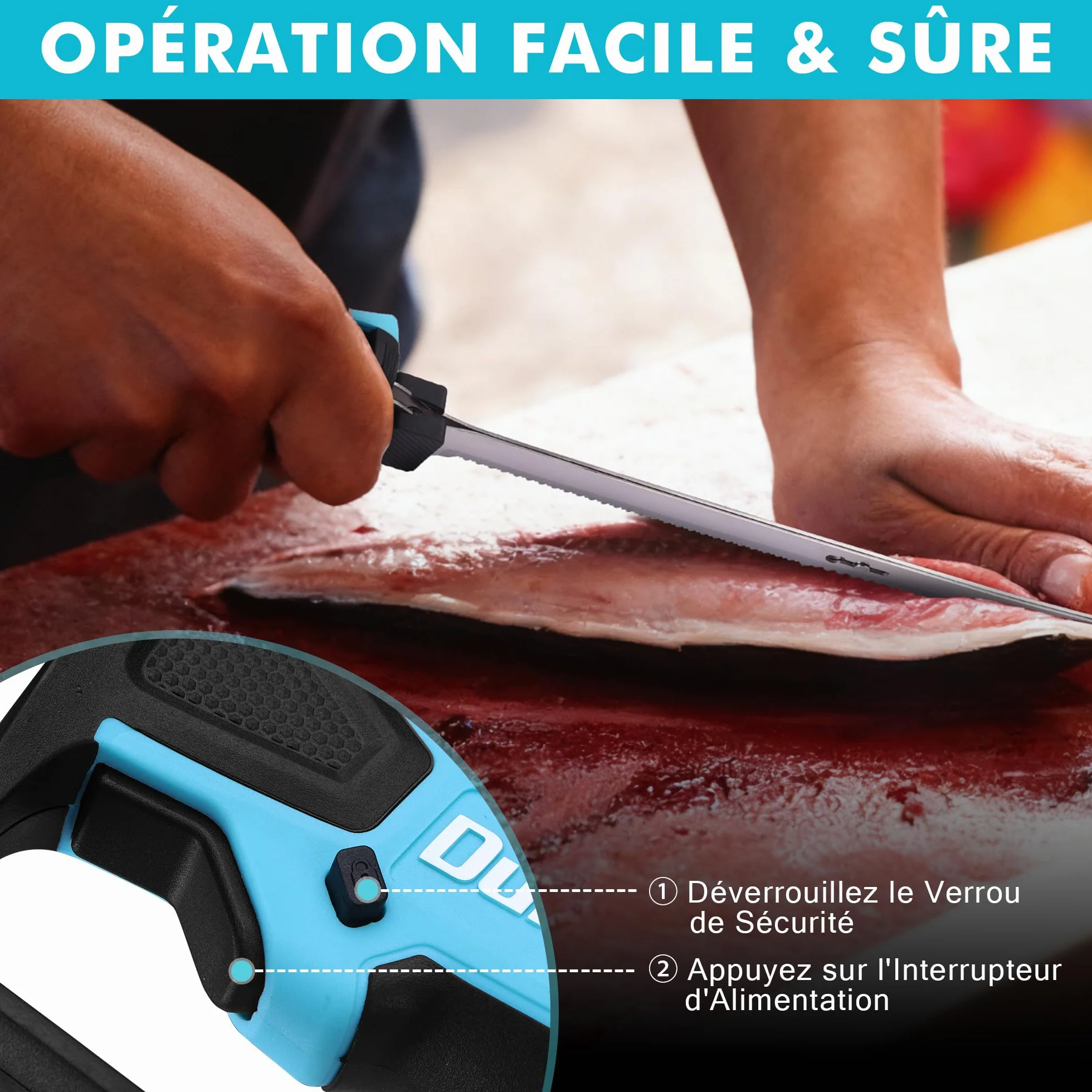 DURATECH Couteau à Filet Électrique sans Fil Rechargeable 2 Lames 20cm/25cm Poignée Antidérapante Verrou de Sécurité LED