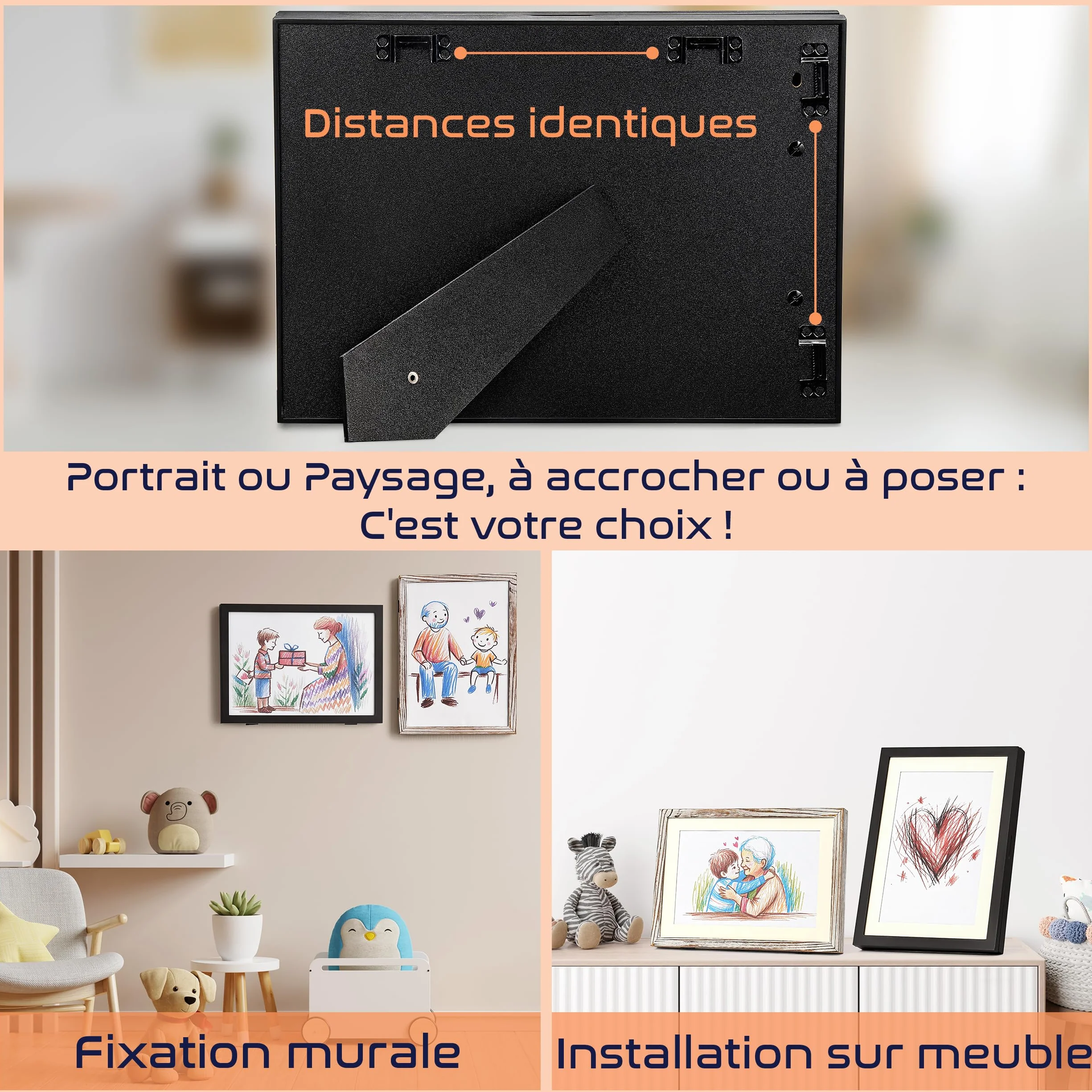 Cadre Dessin Enfant A4 Noir Bois Interchangeable, Rangement 80 Feuilles