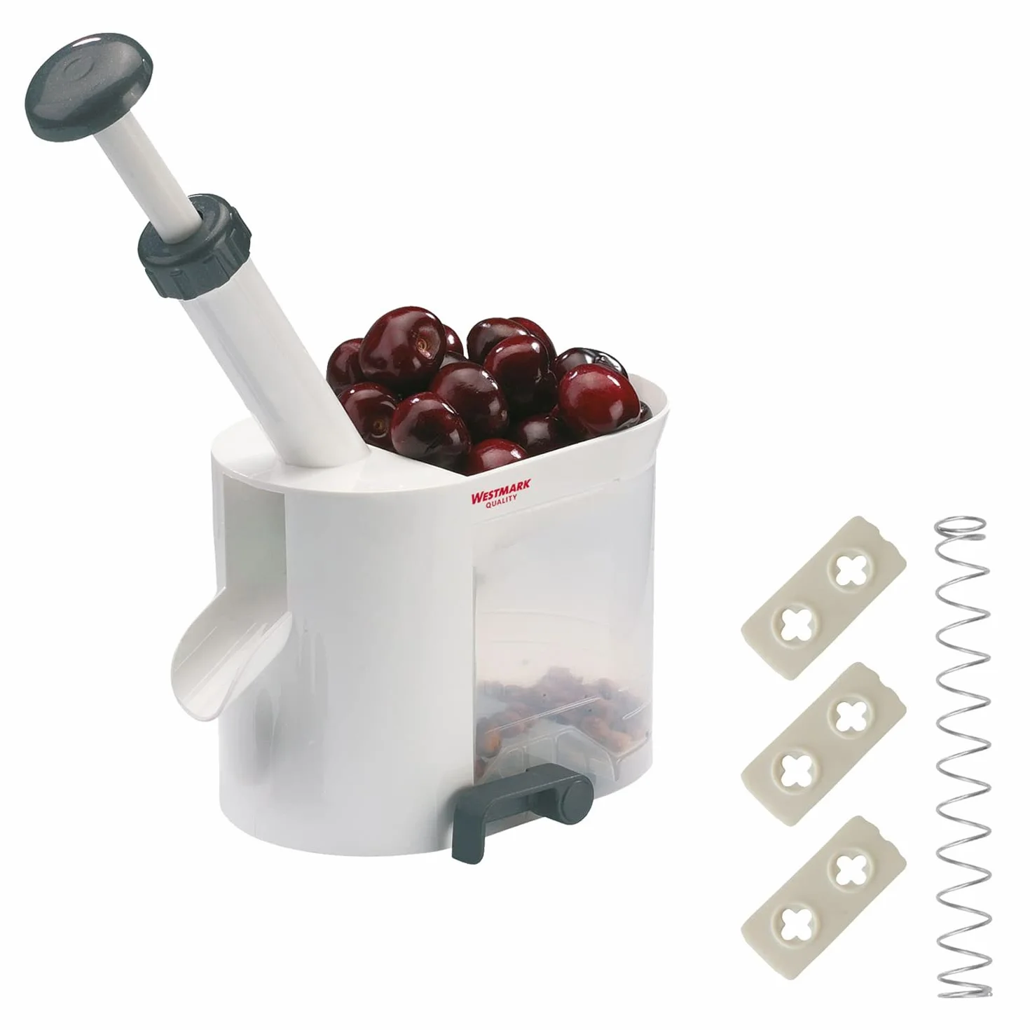 Westmark Dénoyauteur à Cerises avec Goulotte et Caissette à Noyaux Plastique Acier Inoxydable Blanc Anthracite