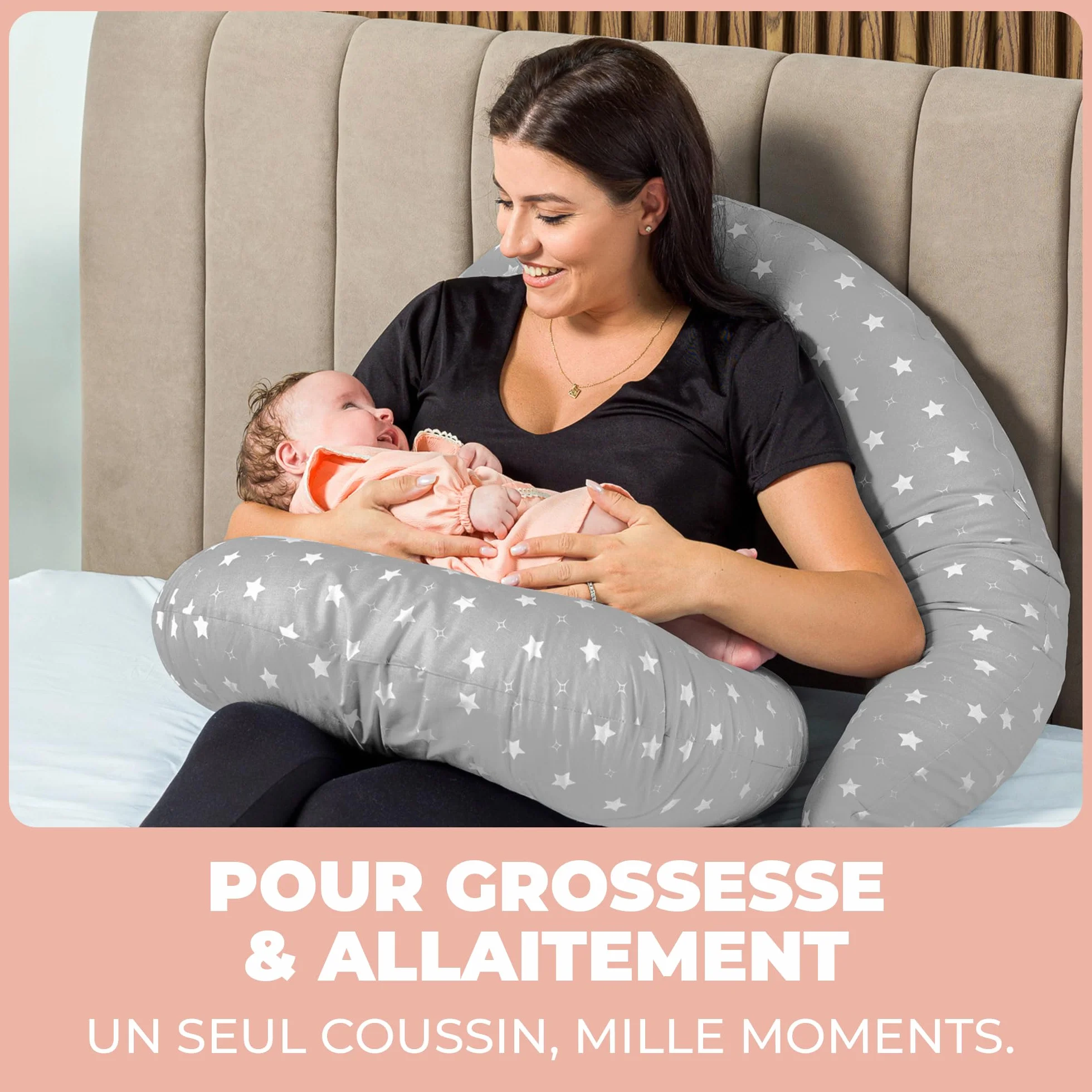 Oreiller de Grossesse et Allaitement XXL Coussin Multifonctionnel avec Taie en 100% Coton pour Dormir sur le Côté