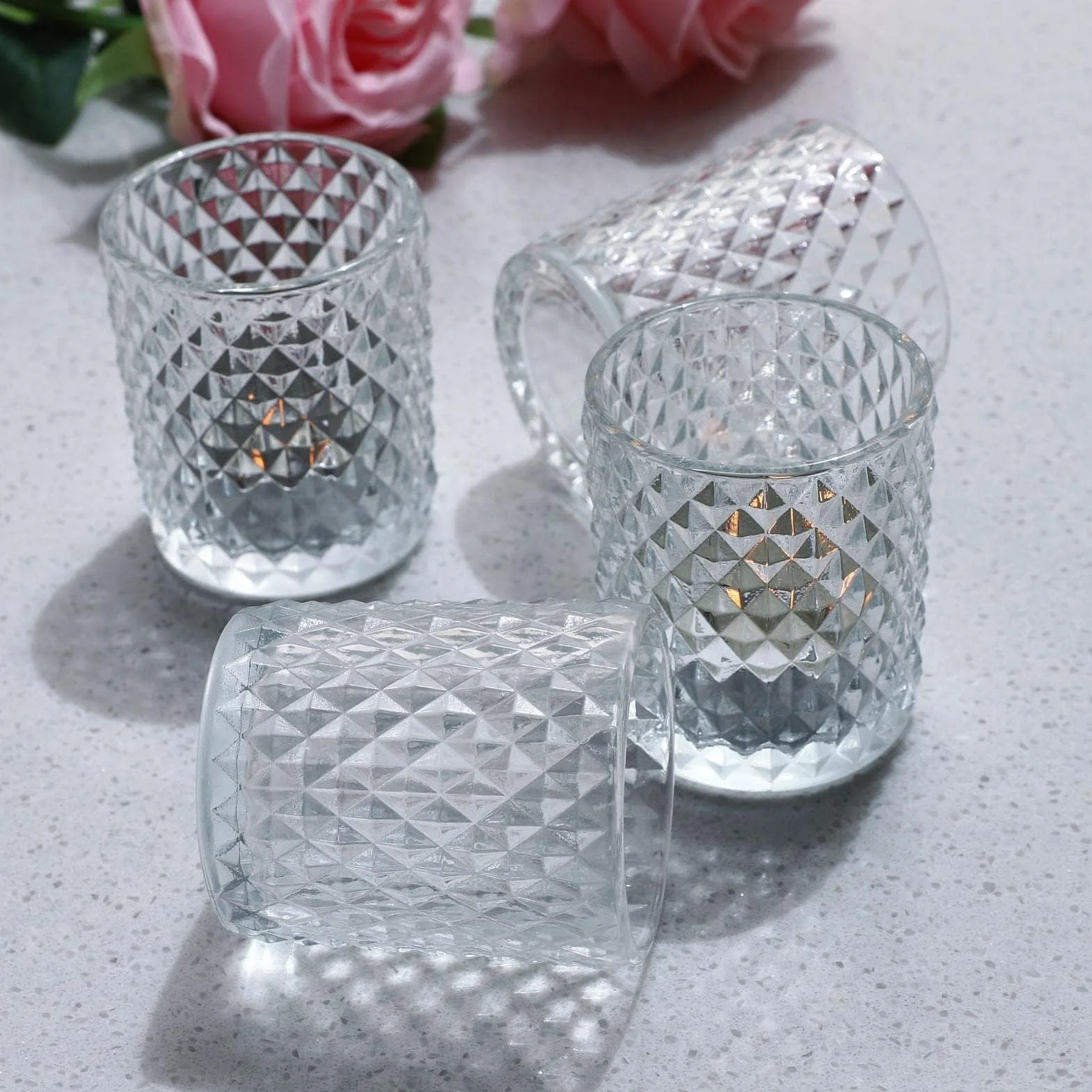 Lot de 12 Verre Photophore Diamant Transparent Bougeoir Chandelier Décoration Intérieur 5,5 x 6,5 cm