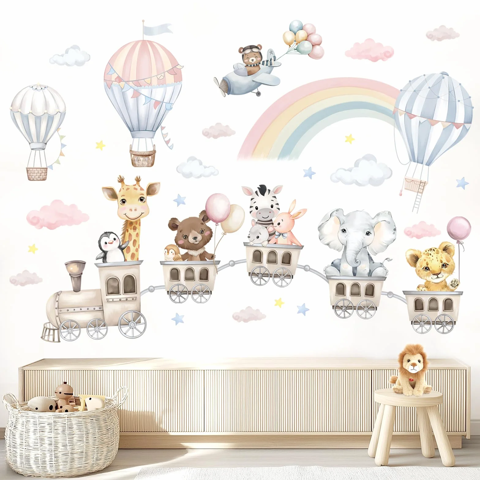 Stickers Muraux Enfant Train des Animaux Aquarelle Décoration Murale Pastel Autocollants Amovibles Chambre Bébé