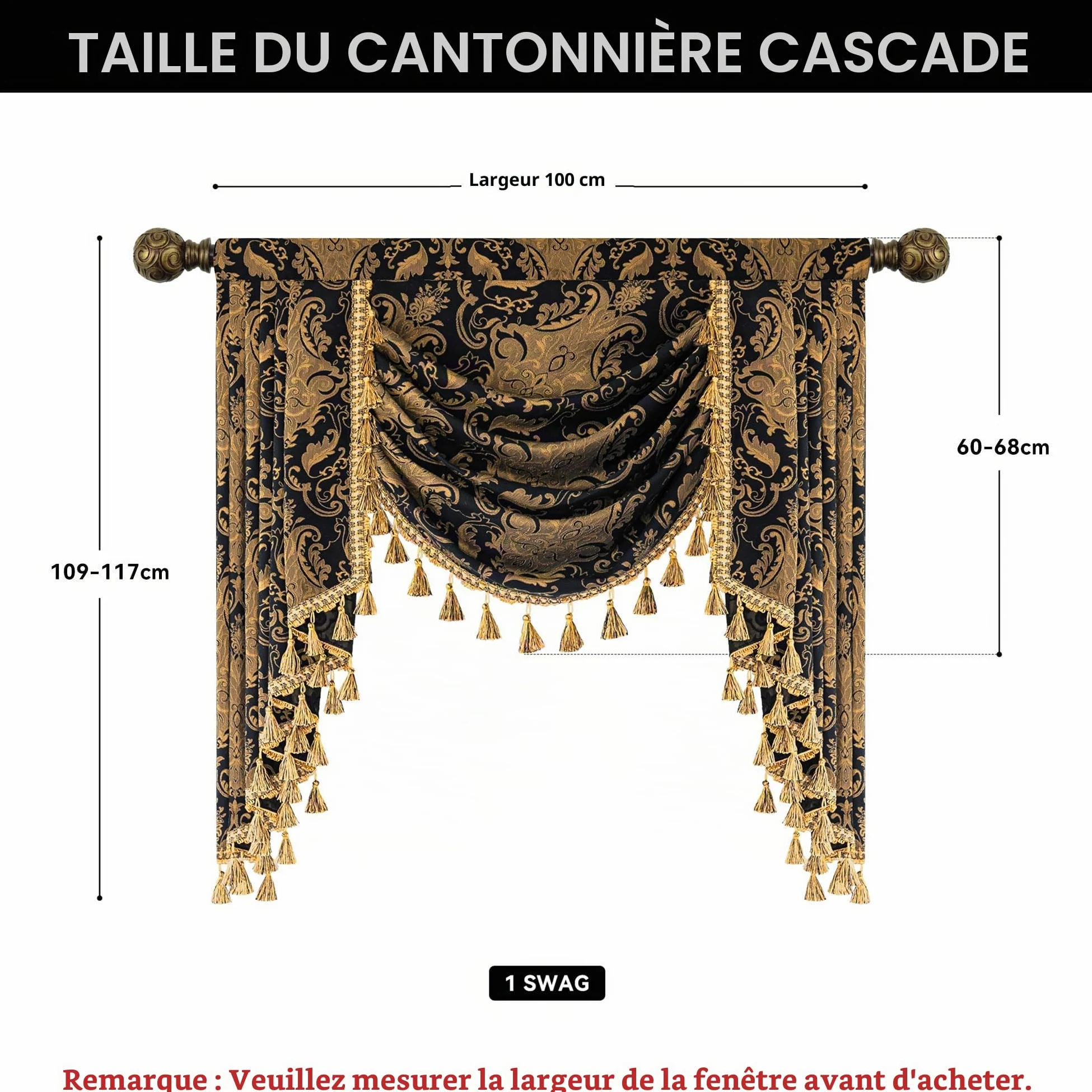 Cantonnière pour fenêtres, motif cascade damassée avec pompons, rideau court pour chambre à coucher, salon, cuisine, traitement de fenêtre avec passe-tringle (largeur 100 cm, noir)