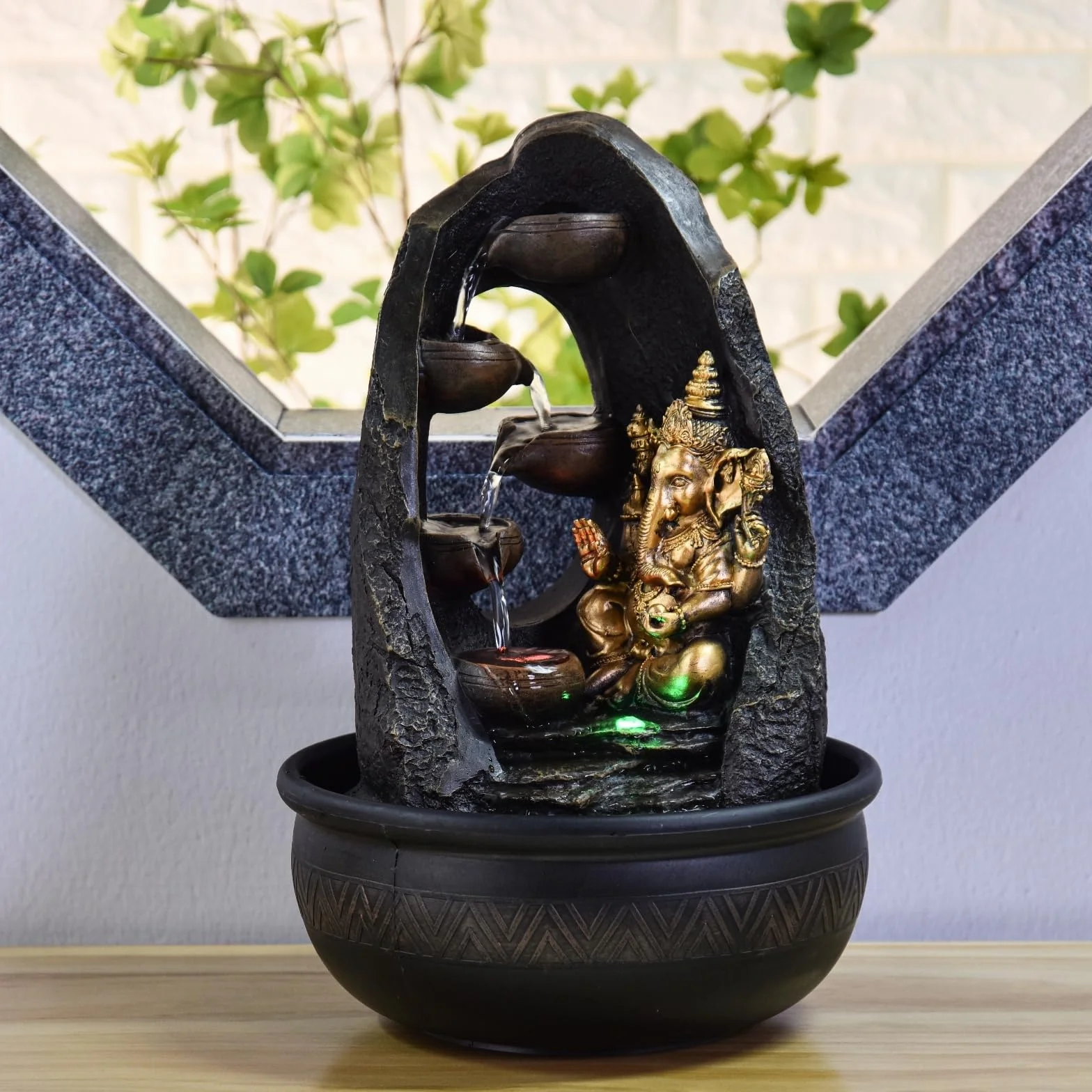 Fontaine d'Intérieur Bouddha Ganesh avec Lumière LED Colorée Feng Shui Zen H 40cm Mystic Zen'Light
