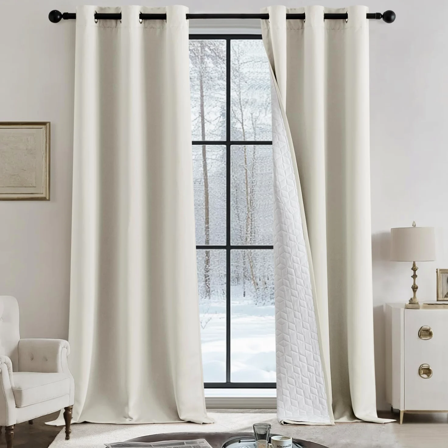 MIULEE Lot de 1 Rideau Thermique Occultant Oeillet 140x225cm Blanc | Rideau thermique occultant doublé épais à oeillets, isolation froide pour salon et chambre
