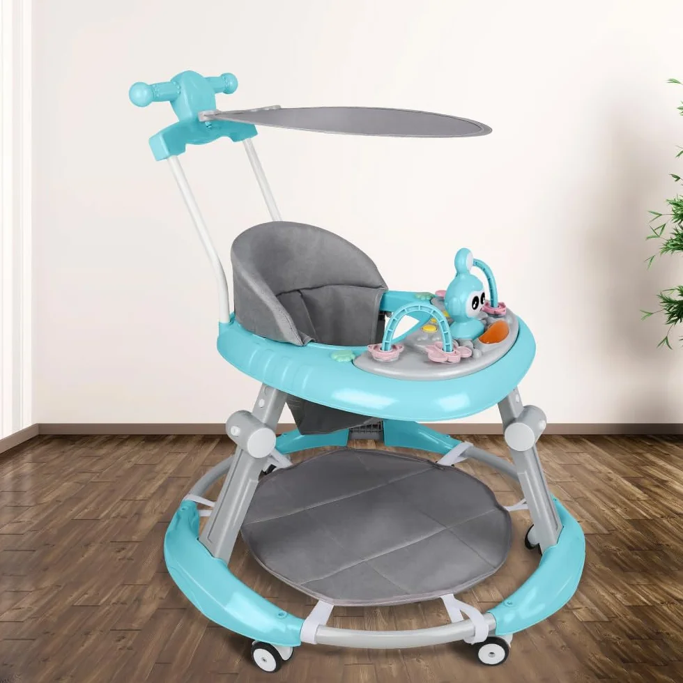 Trotteur Bébé Pliable 6-18 Mois Roues Silencieuses Hauteur Réglable Bleu 70x70x91cm