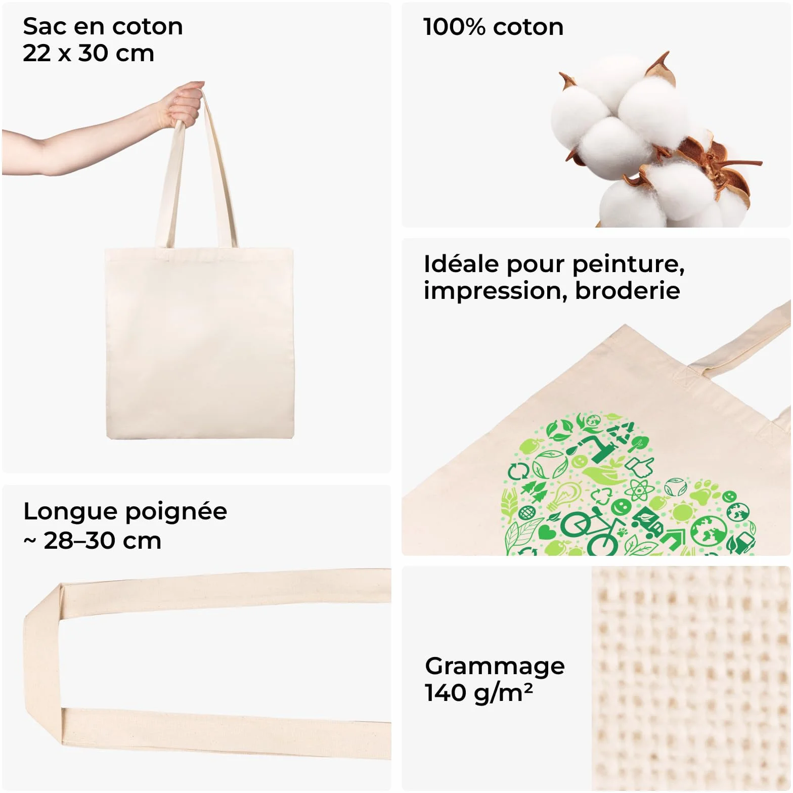 Sac en coton à peindre non imprimé 38 x 42 cm Tote Bag avec deux poignées longues Sacs de courses