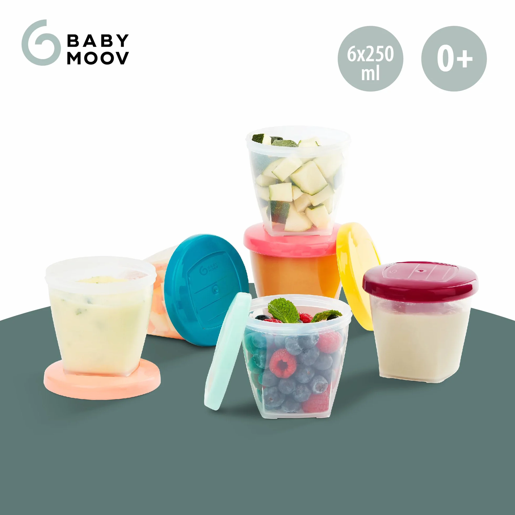 Babymoov Babybols Lot de 6 Pots de Conservation pour Bébé 250ml, Gradués, Sans BPA, Hermétiques