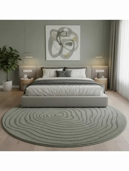 Tapis Rond Moderne à Relief Fluide avec Lignes organiques superposées - Dimension 120 cm Ronde, Couleur Vert