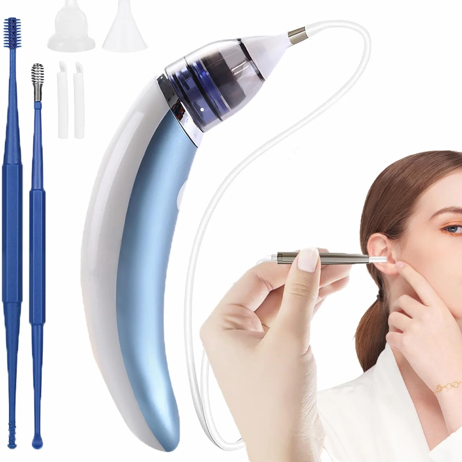 Aspirateur de Cérumen Électrique 360° Silicone Têtes de Rechange Bleu
