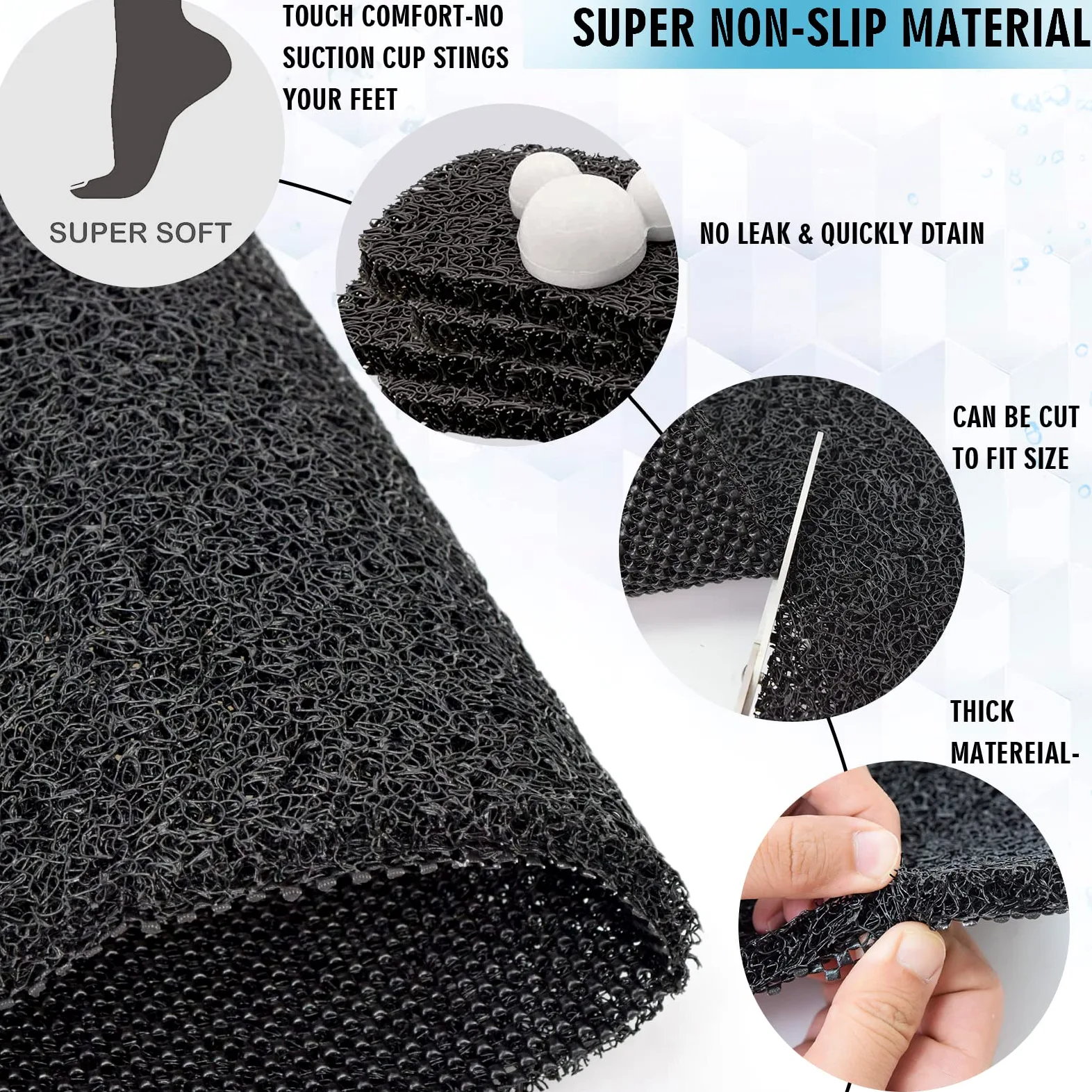 Tapis de douche extra large, antidérapant et sans ventouses - tapis de bain pour surface de baignoire texturée - tapis en luffa à séchage rapide pour douche et salle de bain (60 x 120 cm, noir)