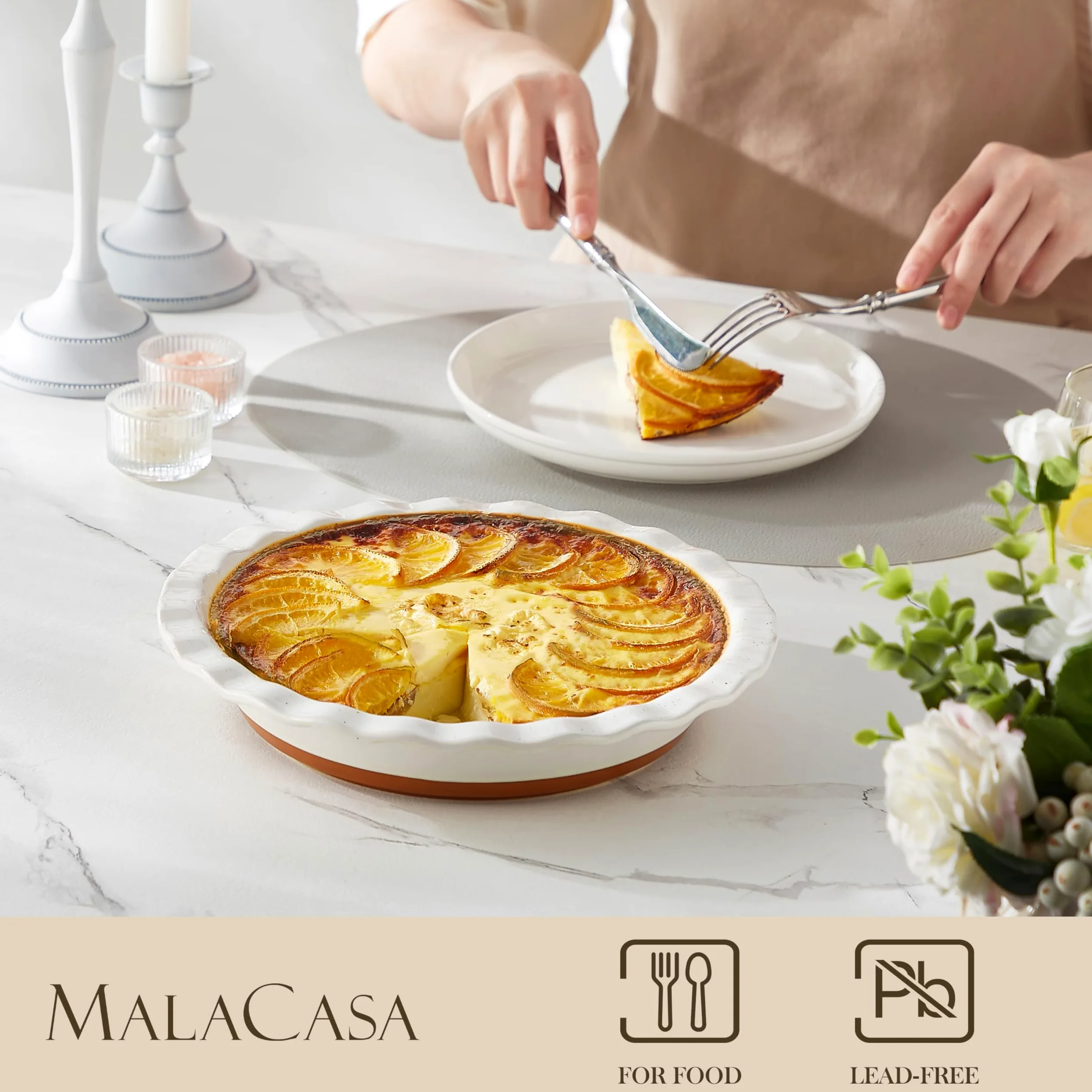 MALACASA Série TARA 1 Pièce Moule à Tarte en Grès | φ 23 cm, 1260 ml | Plat à Tarte avec Motif de Sésame | Passe au Lave-vaisselle | Parfait pour Tartes, Gratins, Gâteaux, Desserts et Lasagnes