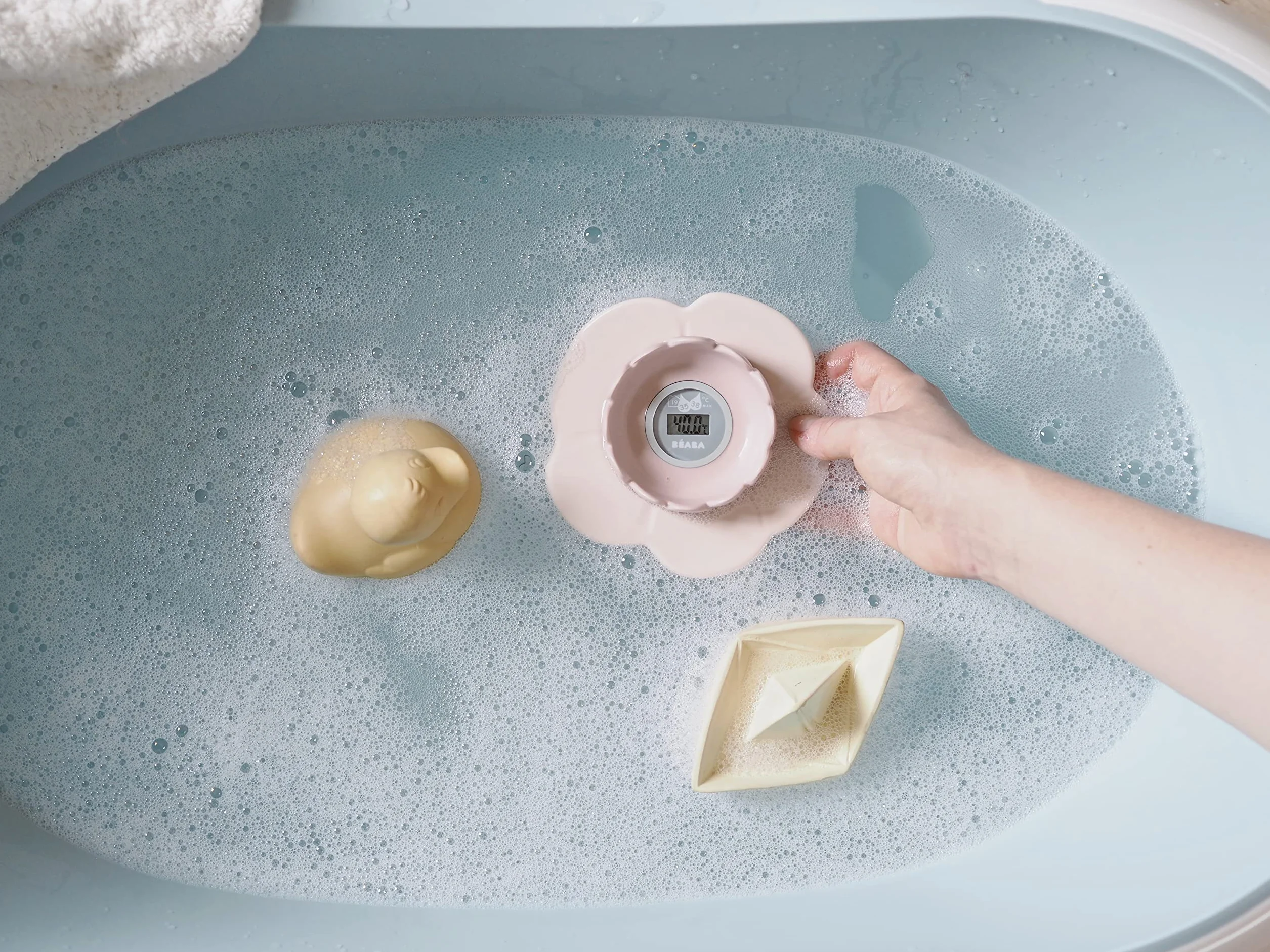 Béaba Thermomètre de bain Lotus Digital Multifonctions Prise température pièce et bain Forme Fleur Old Pink