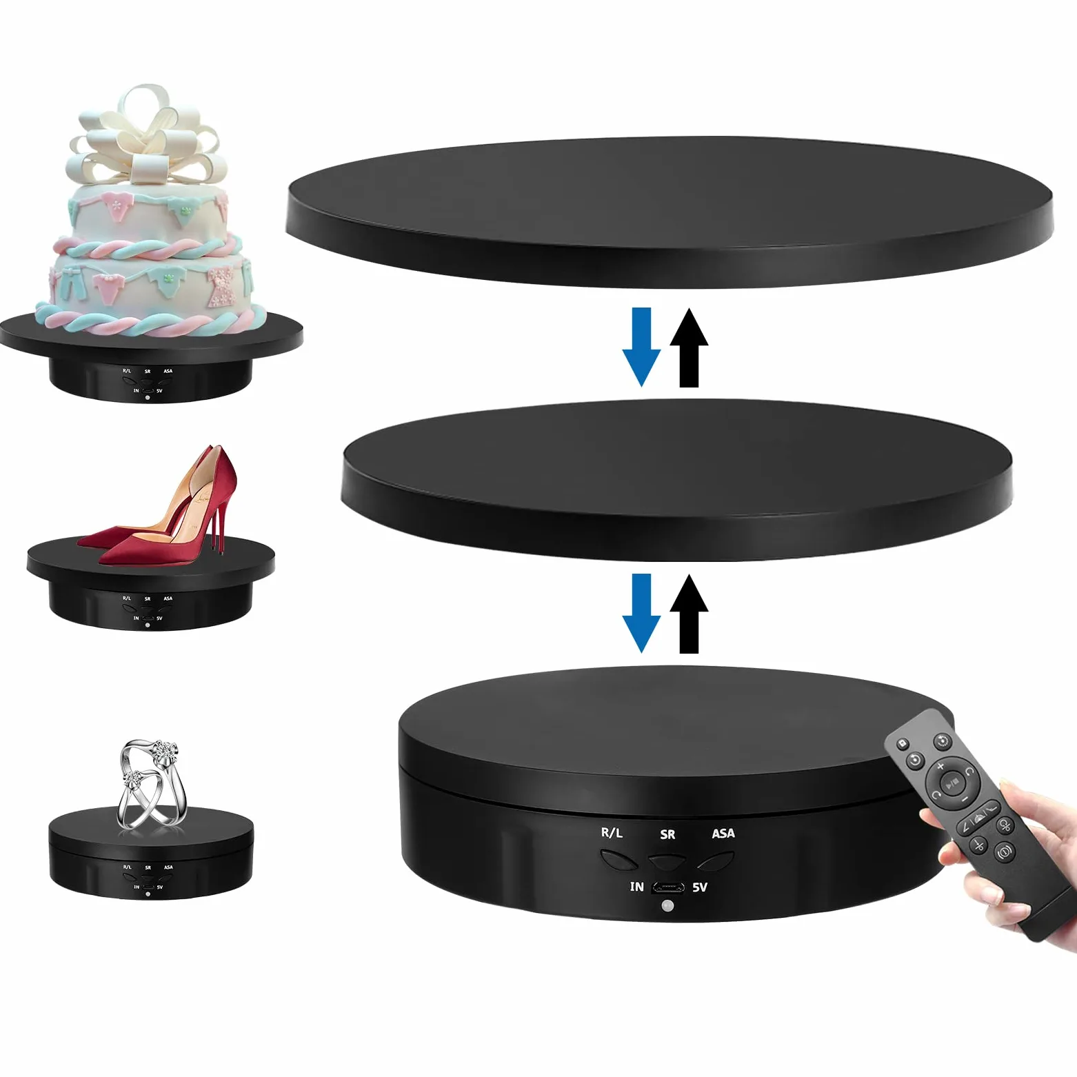 Plateau tournant électrique 3 en 1, support à 360 degrés, plateau tournant motorisé avec télécommande pour photographie, présentation de produits, bijoux, modèles 3D, objets de collection (noir)