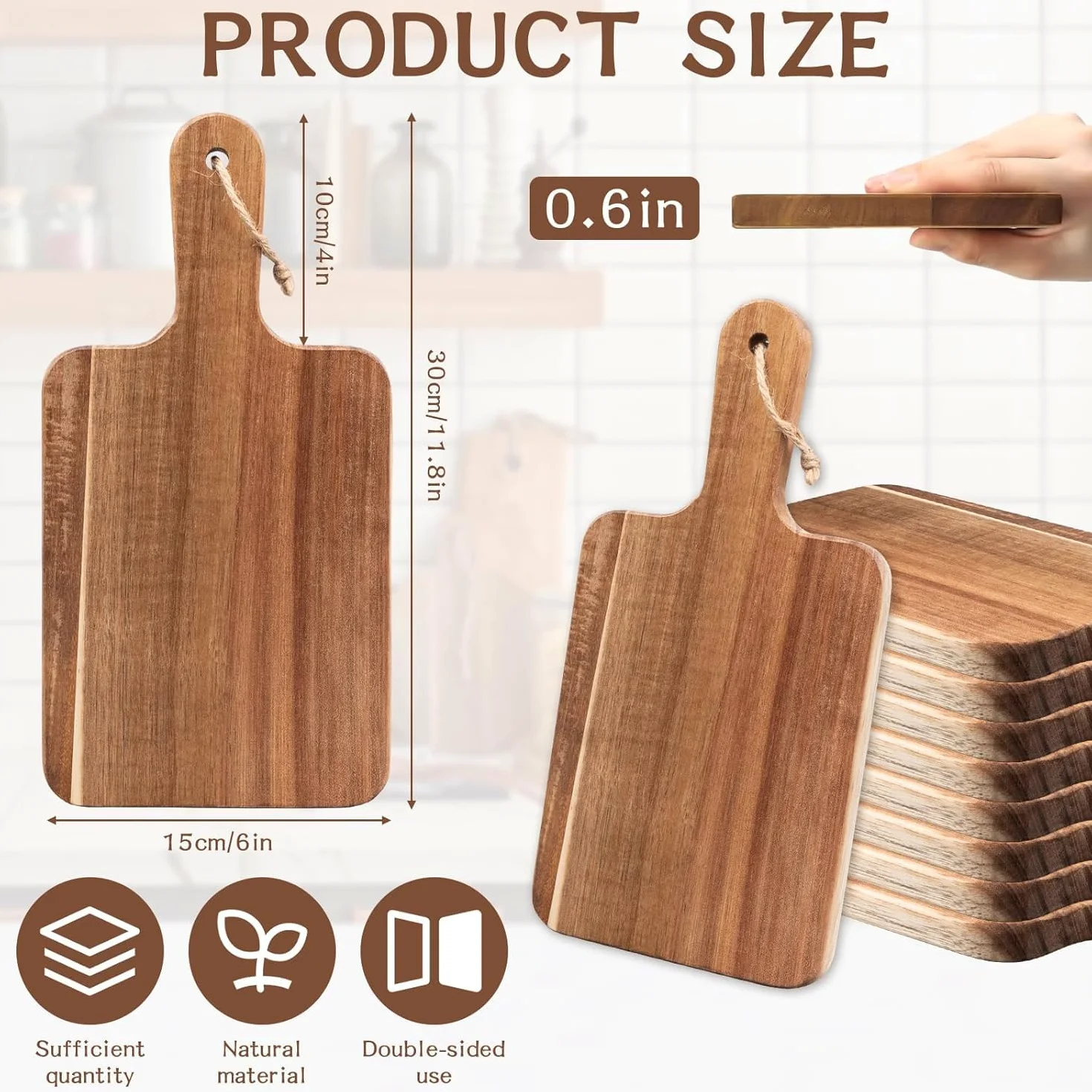 Lot de 10 planches à découper en bois d'acacia avec poignée, planche à charcuterie, planche de service pour viande, fruits, pain, fromage, planche à découper – 30 x 15 cm