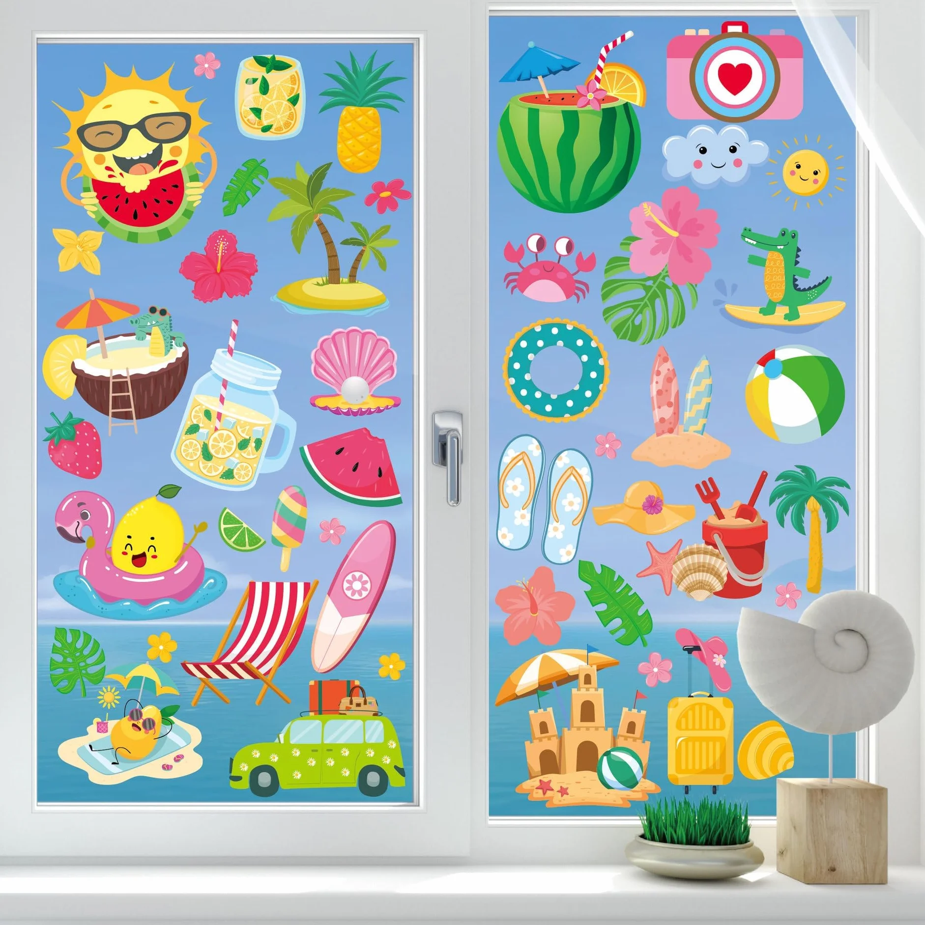 Deco Stickers Fenêtre Été Réutilisables Autocollants 63 Design Soleil Chaises Plage Bouées