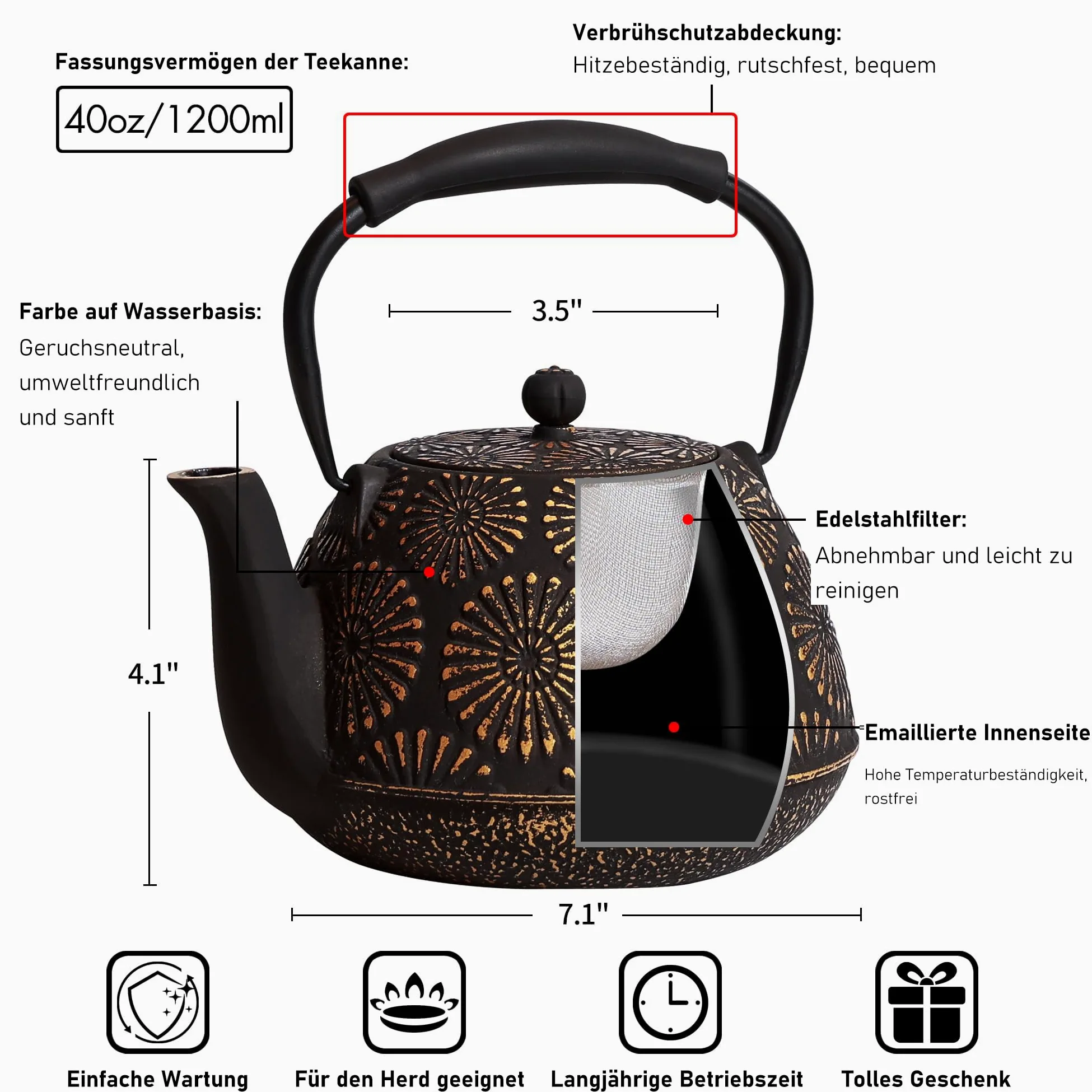 Théière en fonte avec infuseur pour plaque de cuisson, théière japonaise Sakura pour thé et café, revêtement intérieur émaillé, poignée en silicone, 1200 ml, noire