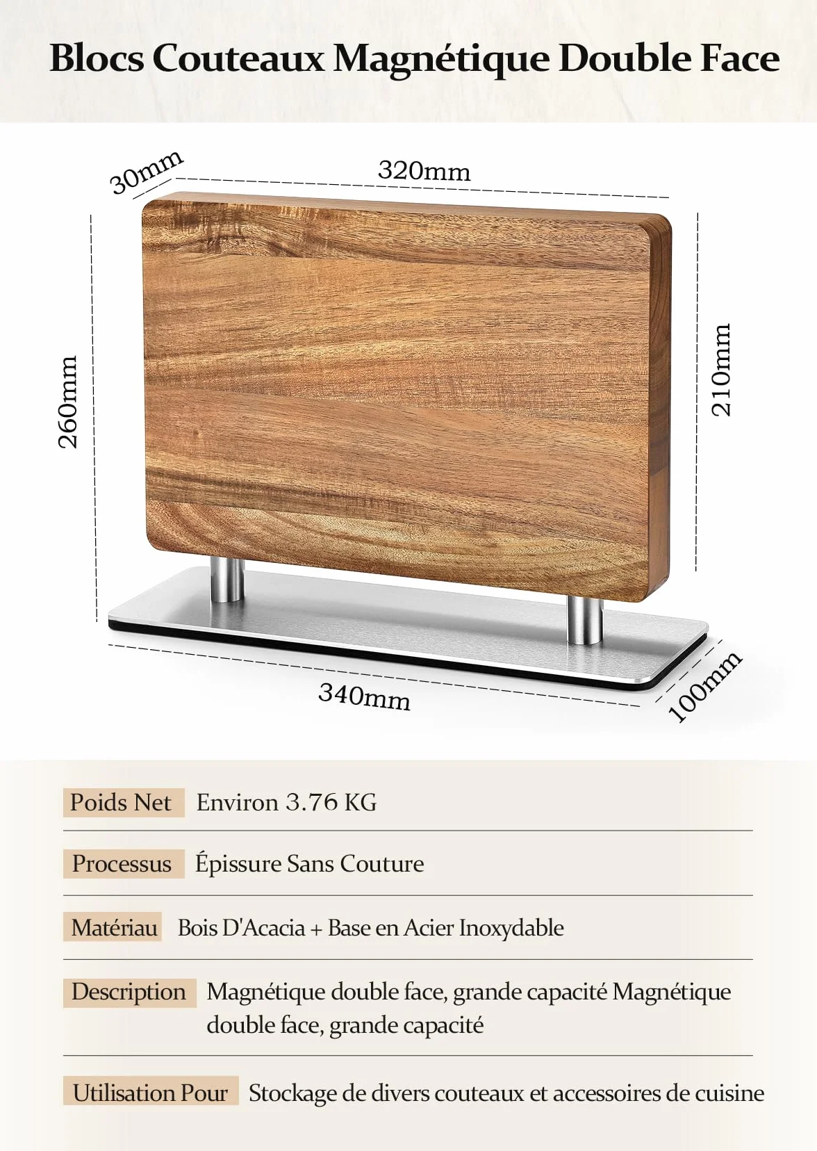 HEZHEN Bloc de Couteaux Magnétique, Porte-couteau en Bois d'Acacia, Aimanté Double Face