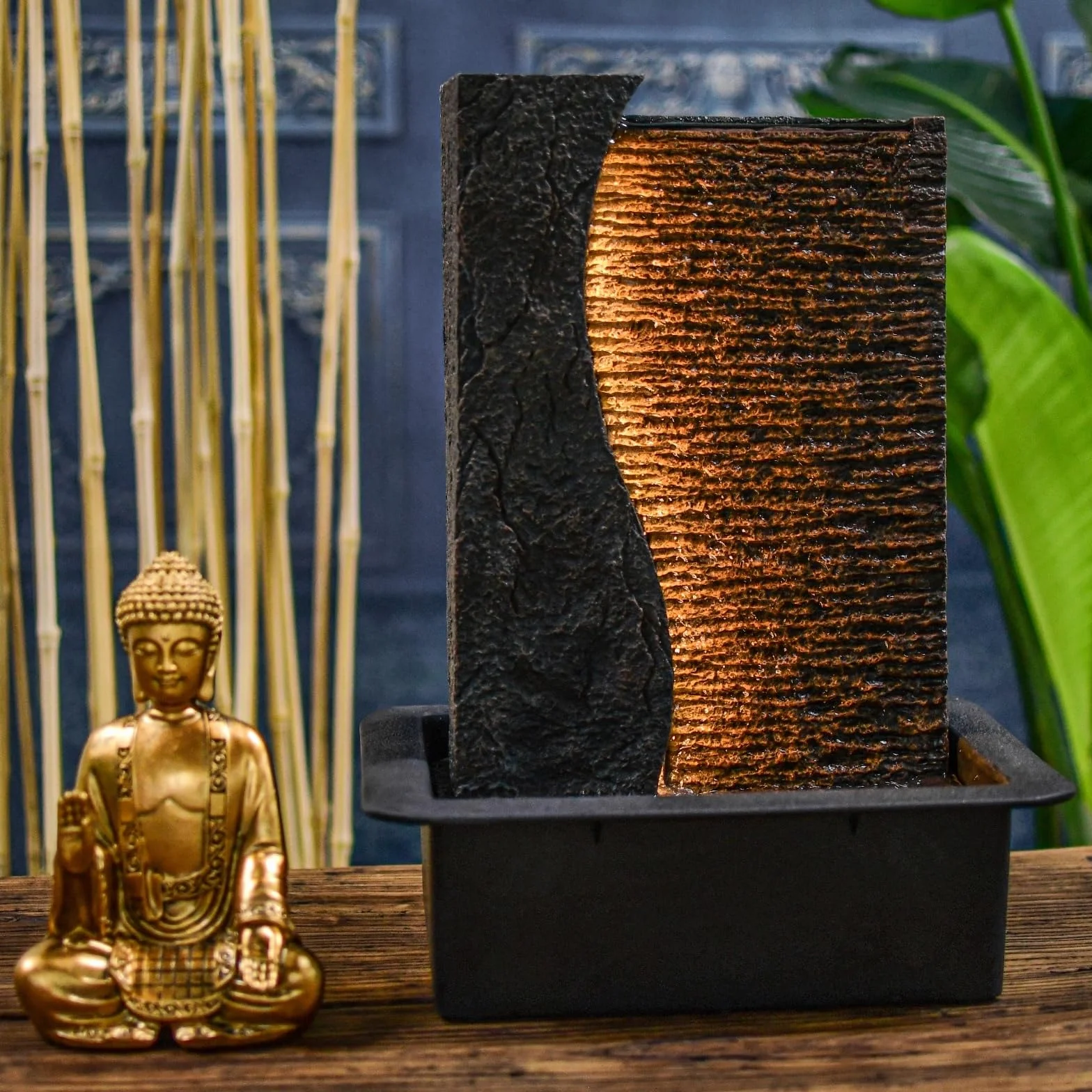 Fontaine d'Intérieur Bouddha Zen'Light Jati H 40cm avec Bandeau LED Jaune et Pompe Silencieuse