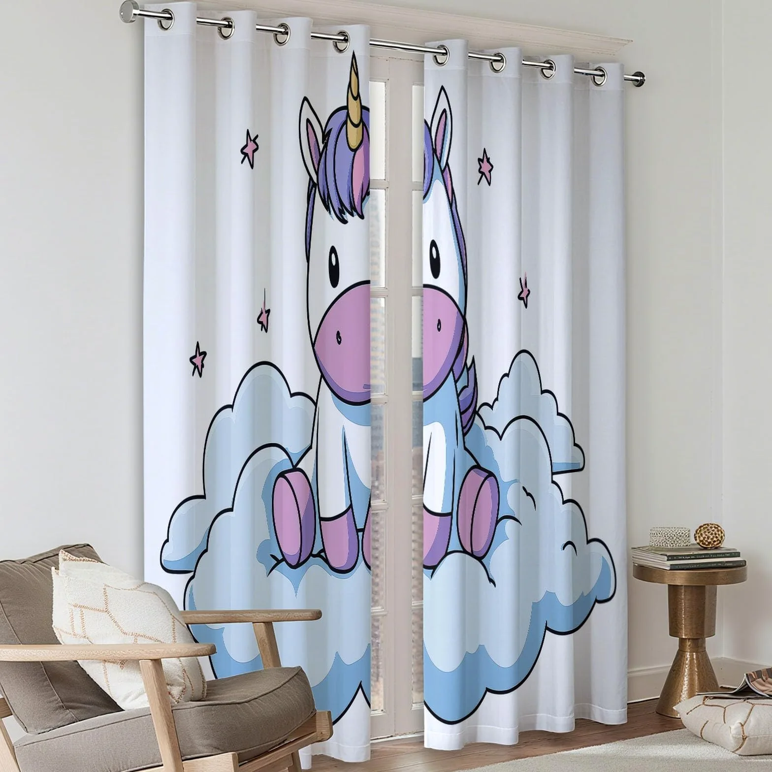 Générique Rideaux Opaques en Licorne Nuages Dessin Animé, Rideau Occultant en Polyester Blanc, Rideaux Thermique Isolant Anti-Froid Décoration de Fenêtre pour Salon Chambre Lot de 2 110L x 215H cm
