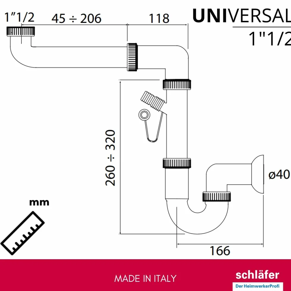 Siphon universel 1"1/2 pour éviers, sortie 40 mm, set siphon en S plastique, autonettoyant avec fixation lave-vaisselle