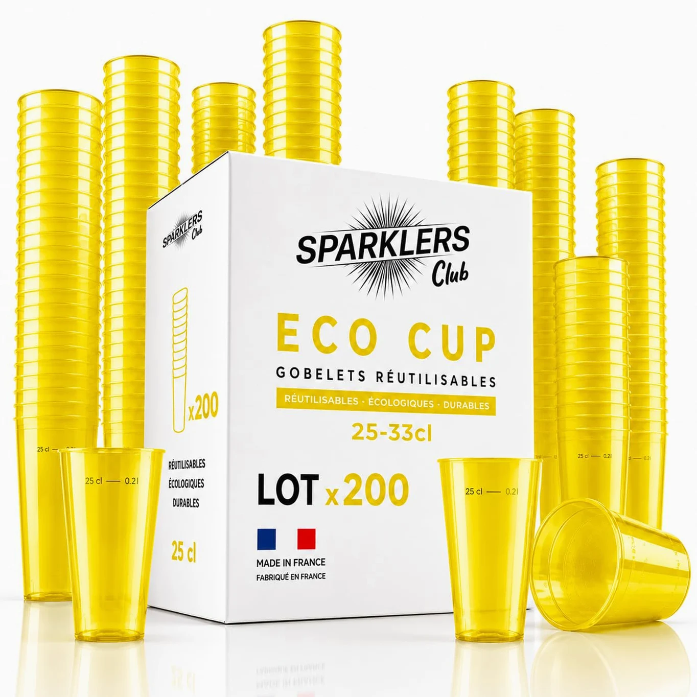 SPARKLERS CLUB - Lot de 200 Gobelets Reutilisables 25cl (33cl a ras-bord) - Polypropylene (PP) alimentaire rigide - Compatible lave-vaisselle - Fabriques en France - Couleur Jaune