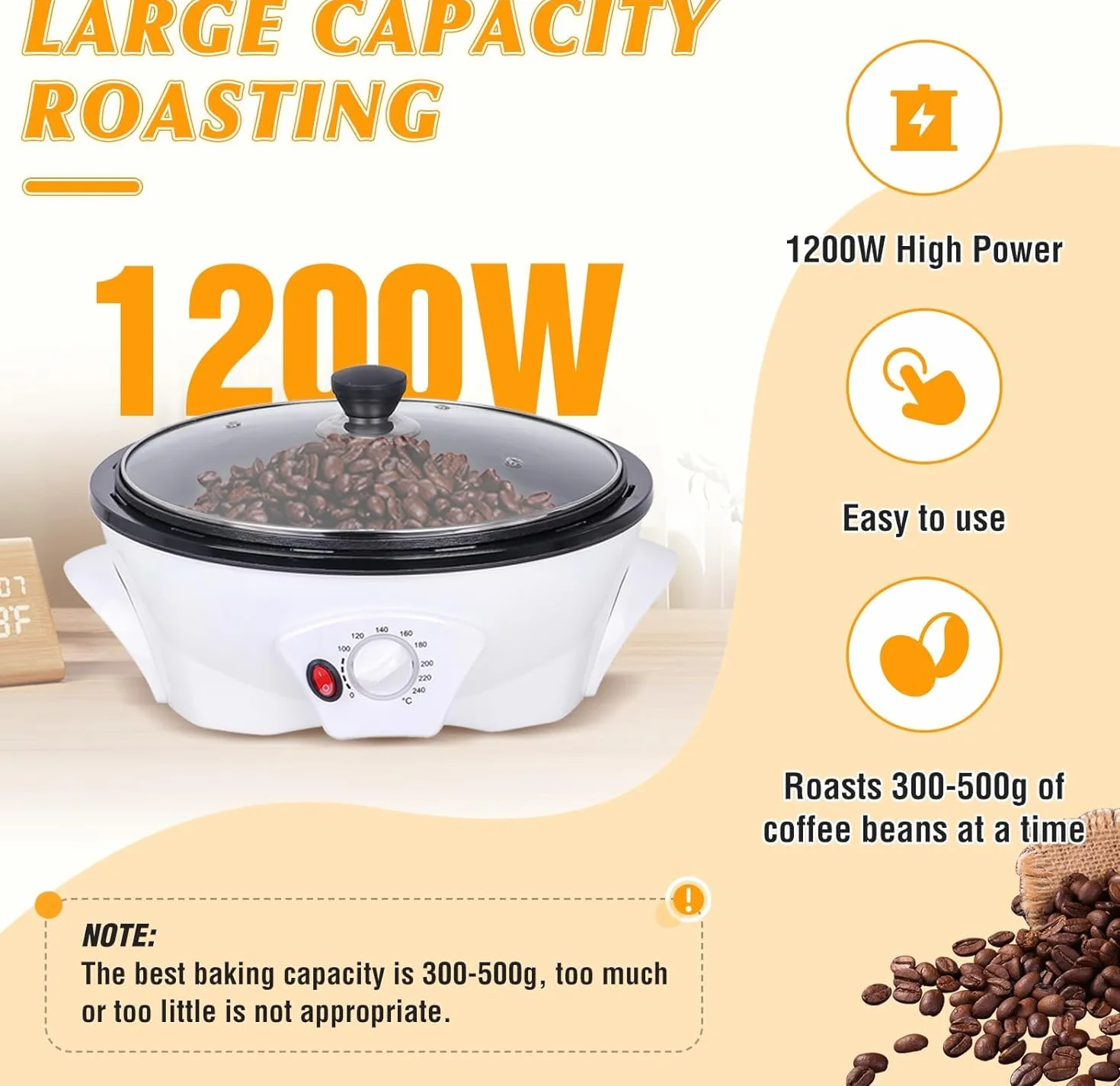 Torréfacteur à café électrique 1200 W réglage température 0-240 °C pour maison