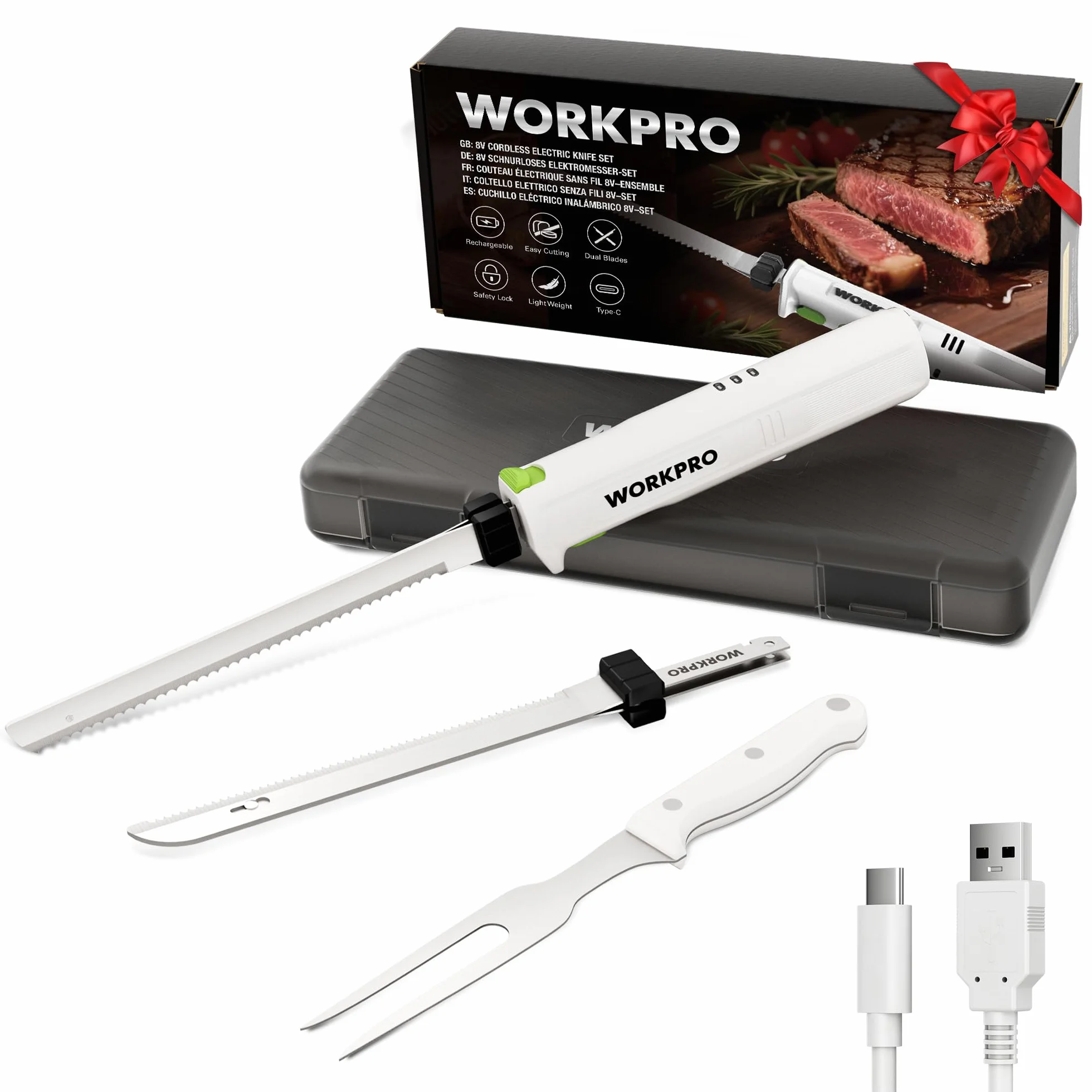 WORKPRO Couteau Électrique Sans Fil 8V, 2 Lames Acier Inoxydable, Lavable Lave-Vaisselle