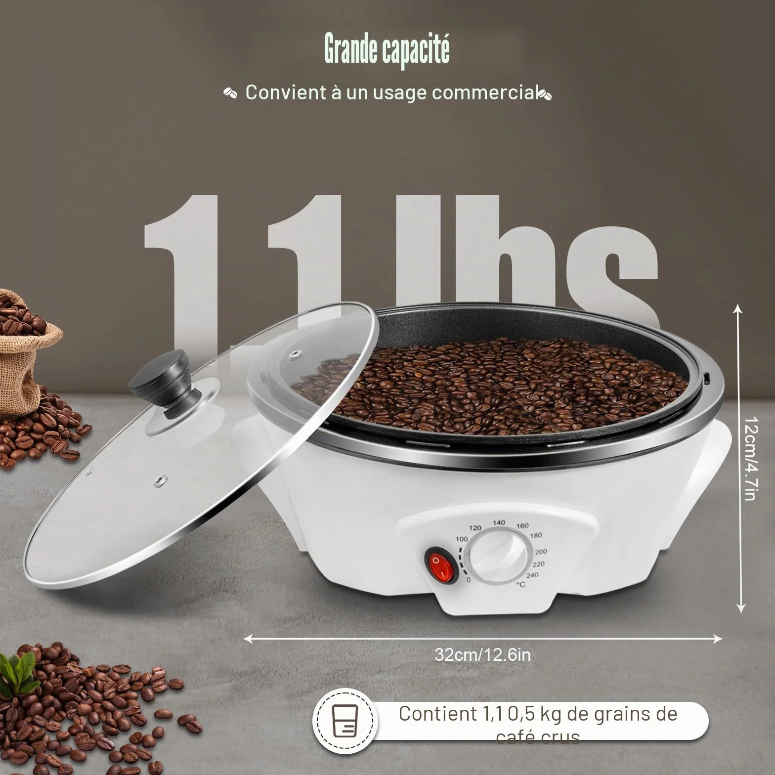 Torréfacteur à café électrique 1200 W réglable 0-240 °C avec minuterie