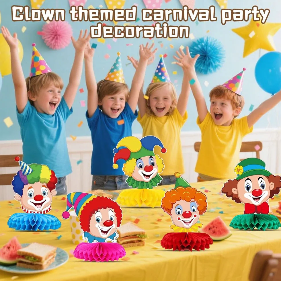 Décoration de Carnaval Clown, 9 Pièces Décorations de Table Nid d'Abeille 3D, Cirque Animal, Anniversaire (6Pcs)