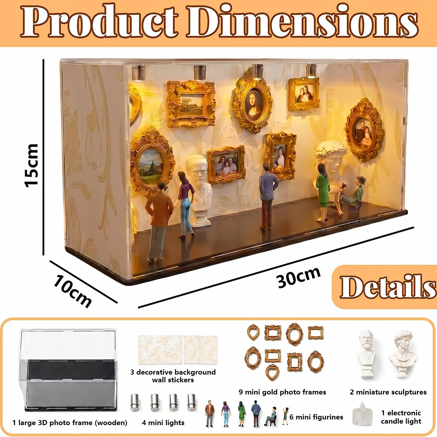 Boîte d'ombres miniature à faire soi-même avec 6 figurines et 9 cadres dorés