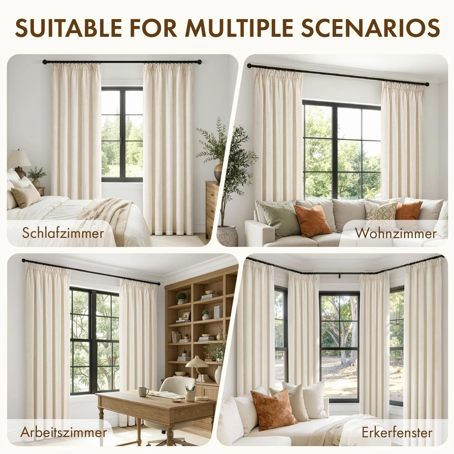 MIULEE Rideaux Aspect Lin Beige avec Ruban Lot de 2 140x260 cm | Tissu aspect lin semi-transparent pour salon et chambre; ruban pour une pose facile.
