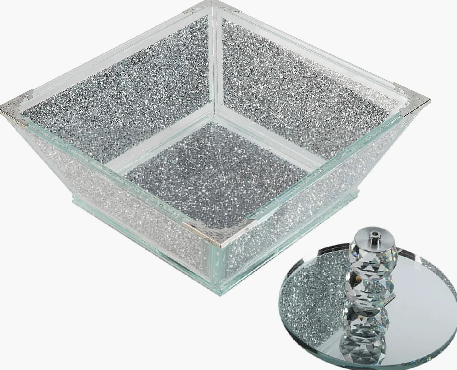 Corbeille à fruits en cristal extra large avec cadre en métal argenté de forme carrée