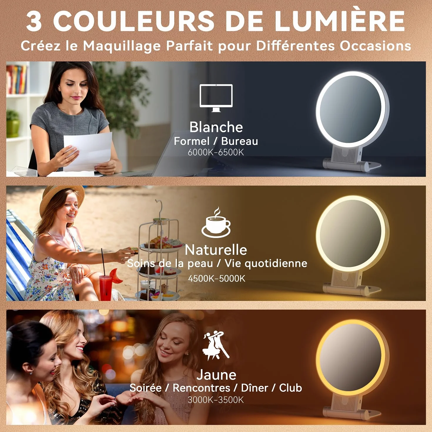 Auxmir Miroir Grossissant Lumineux Double Face 1X/30X, Maquillage 3 Couleurs, Luminosité Réglable, Batterie 2000mAh, Support 360°