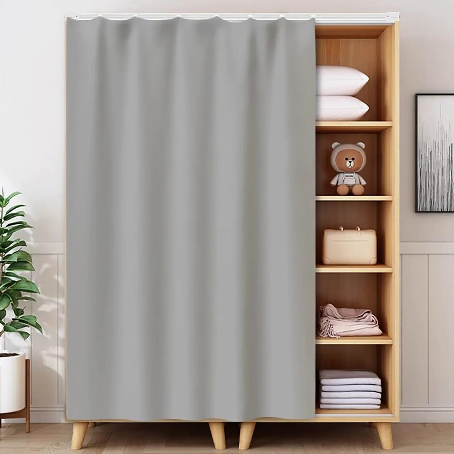 Rideau Placard sans Perçage, Auto-adhésif/Anti-Poussière Rideau Cuisine&sous Evier, Peluche Courte Rideau Occultant Court, Rails Coulissants Cuisine/Salle Bain/Dressing(Gray-a,200 x 150 cm)