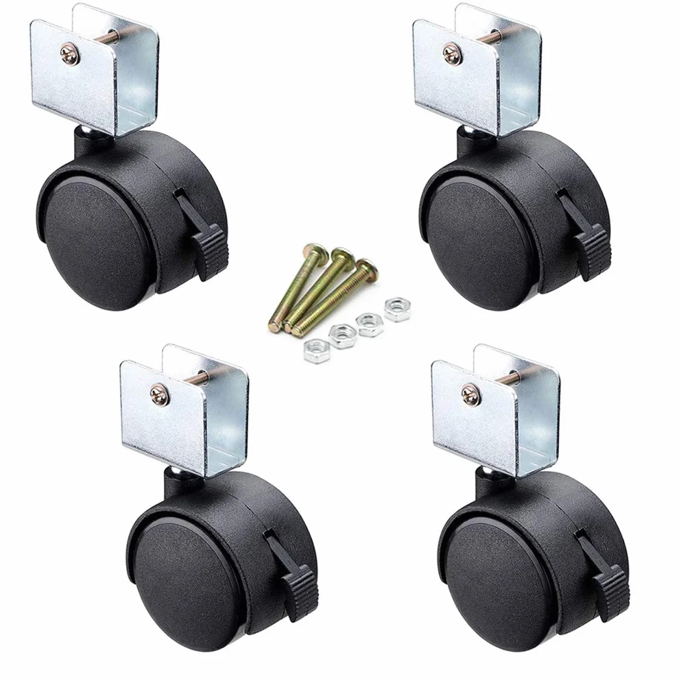 Roulettes de Lit d'enfant 50mm 4 Roues Pivotantes avec Frein Double Roue Charge 70kg Noir Support en U 20mm