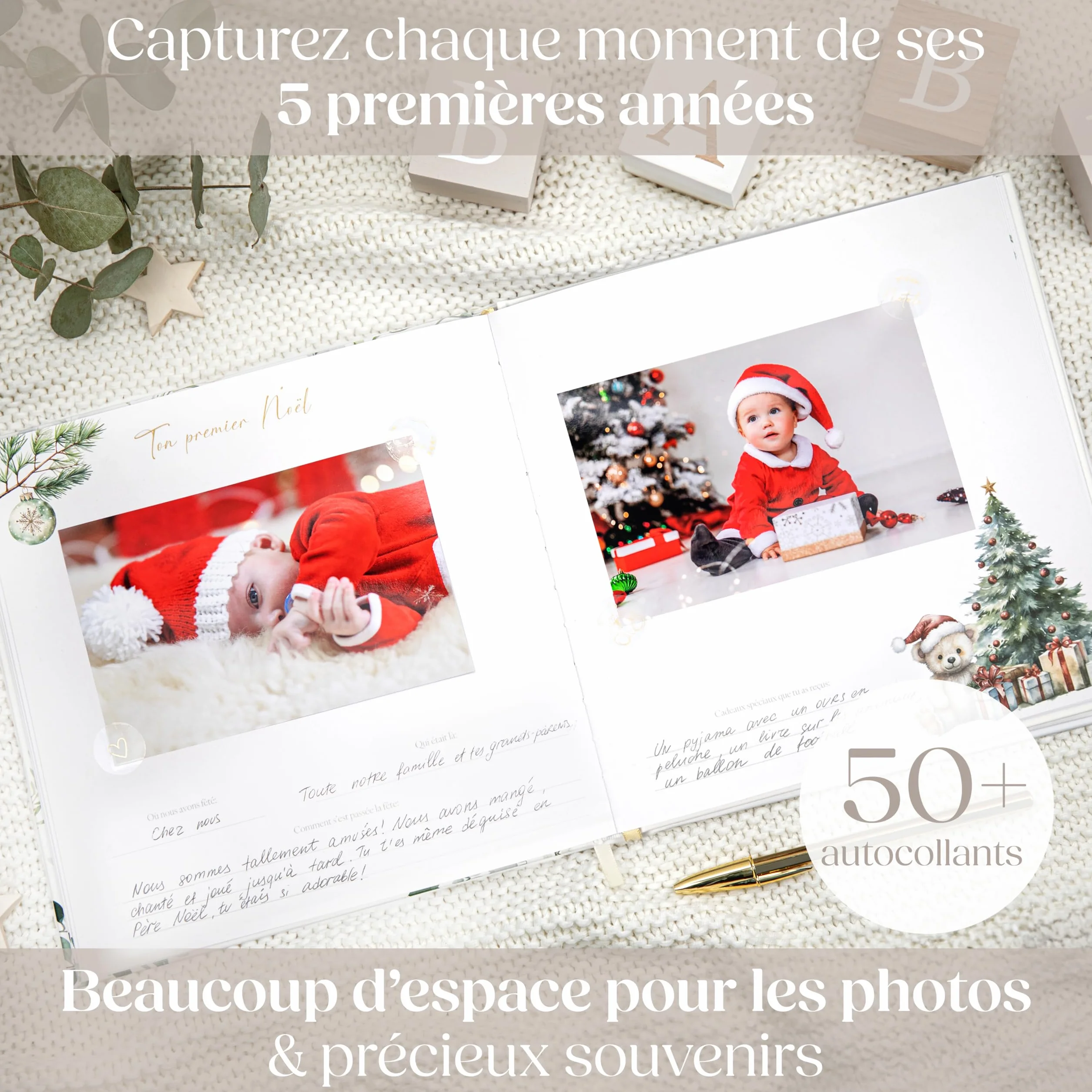 Livre de Naissance Bébé 76 Pages Stickers Dorés - Album Souvenir Photos Écrire Cadeau Fille Garçon