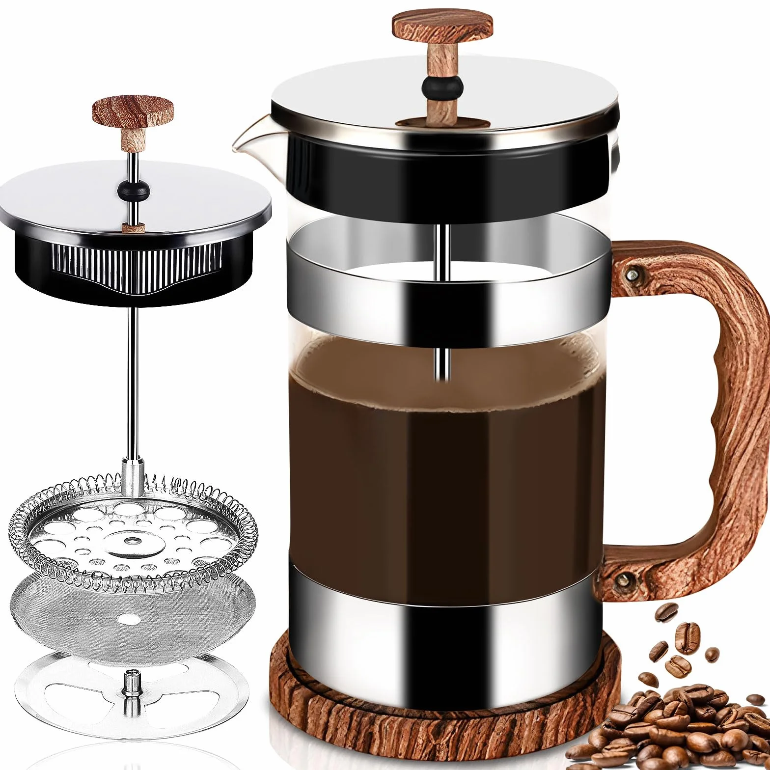Cafetière à Piston en Verre 1000ML, Presse Française Résistant à la Chaleur avec Filtre en Acier Inoxydable