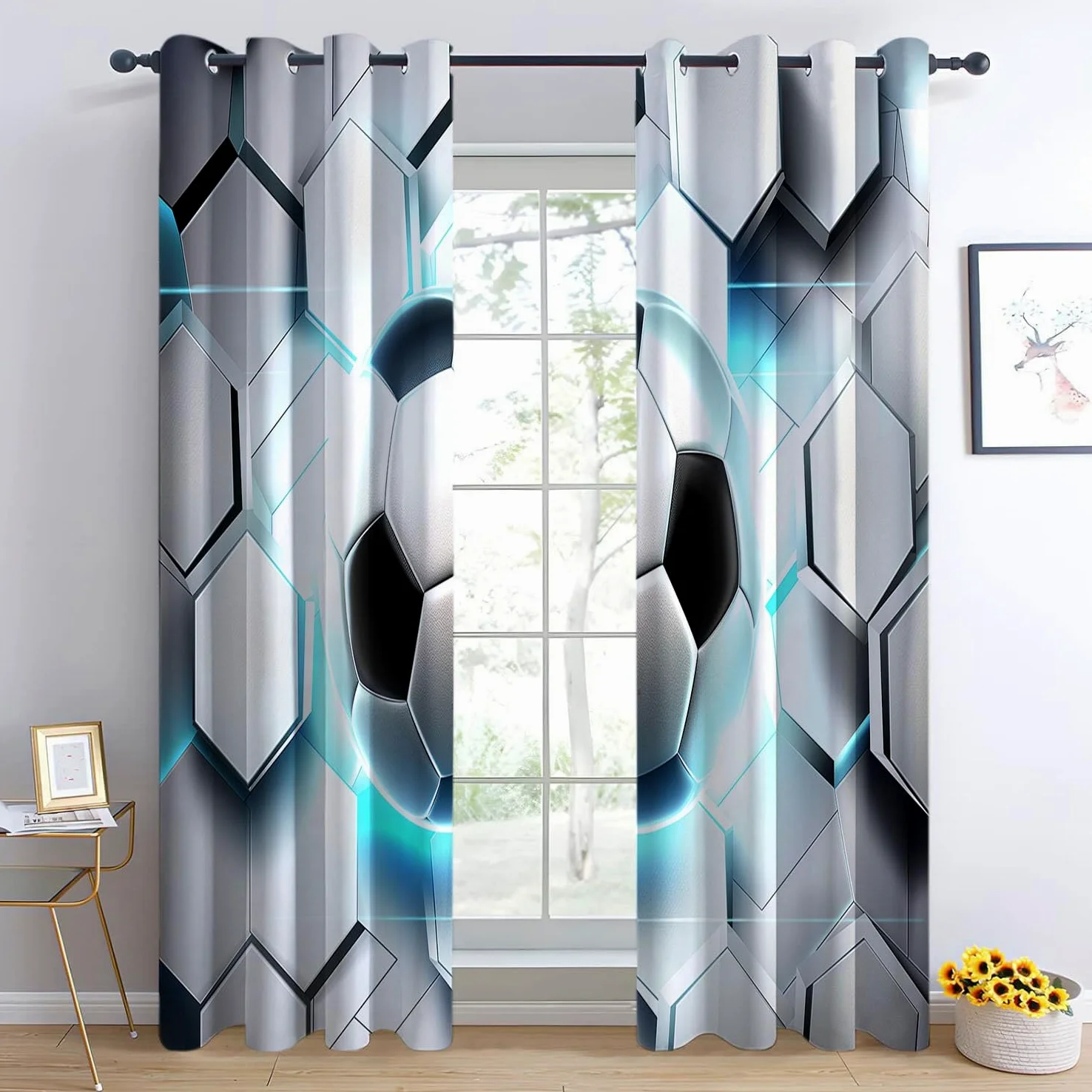 Lot de Rideaux Occultants à Oeillets Isolant Thermique Anti Froid Ballon de Foot Hexagonal animé Imprimés Blanc, Rideaux Salon Chambre pour Enfant Garcon, 110L X 215H cm (2 Panneaux)