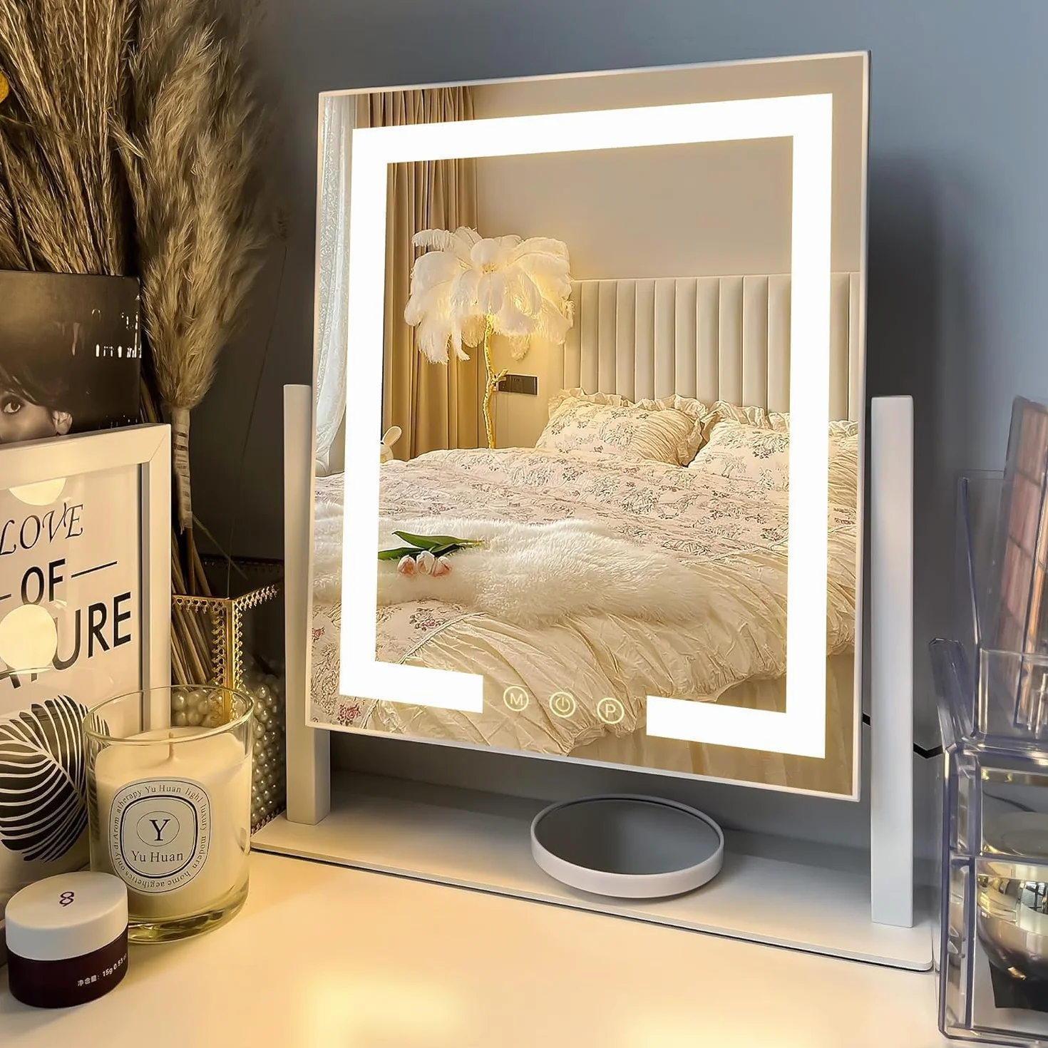 LuxeVue Miroir de Maquillage avec lumières 30x36 cm, 3 Modes d'éclairage Tactile, Grossissant 15X, Cadre en Métal
