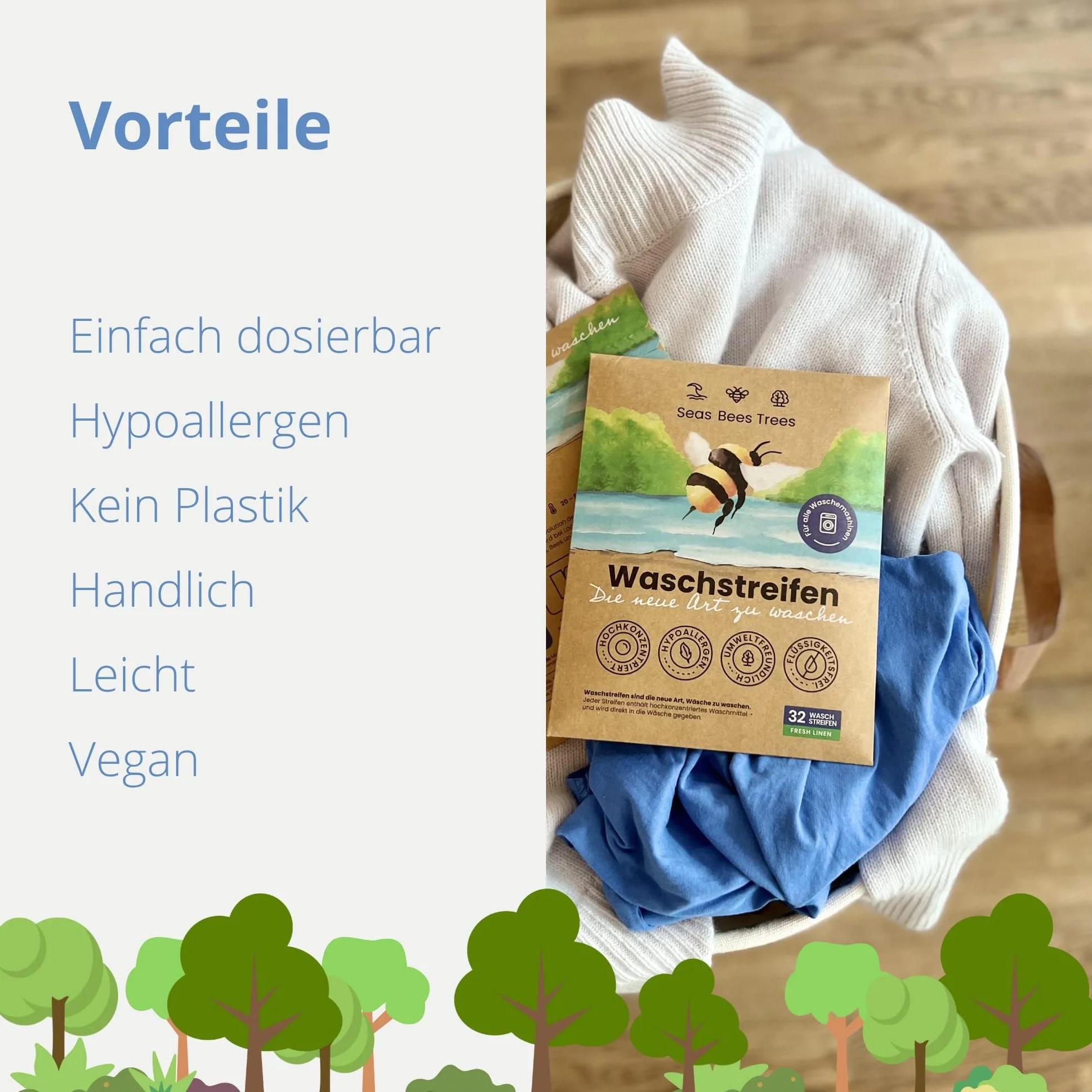 Lessive feuilles Baby Sensitive 32 bandes, nettoyage doux sans parfum pour vêtements bébé