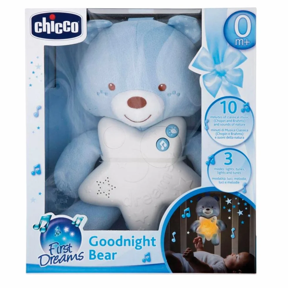 Chicco Veilleuse Petit Ourson First Dreams, peluche douce ours avec mélodies relaxantes et veilleuse, bleu