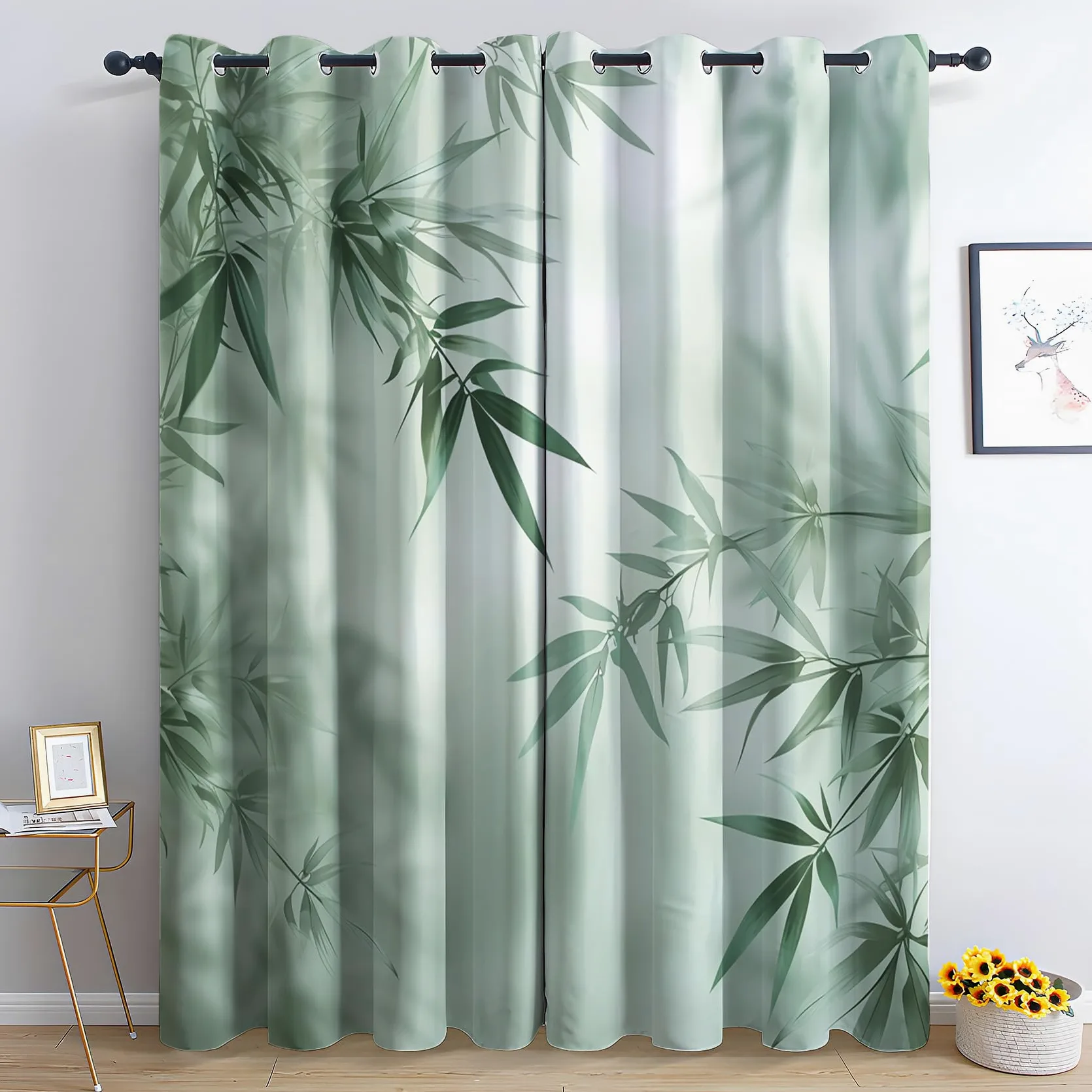 Rideau Occultant Feuille Verte, Botanique Motif Rideaux Thermiques à Oeillets, Rideaux Imprimé pour Salon Chambre Fenetre Moderne Décoration, 140x240 cm (L x H), Lot de 2