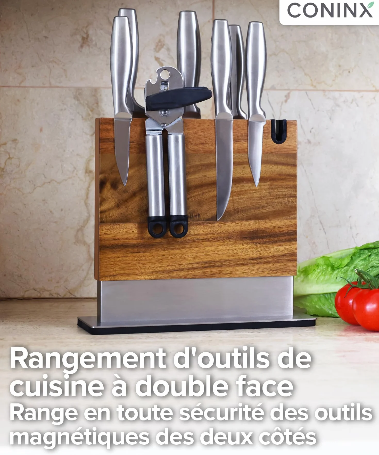Coninx Bloc à Couteaux Magnétique avec Aiguiseur intégré – Porte-couteaux Aimanté Double Face en Bois d’Acacia