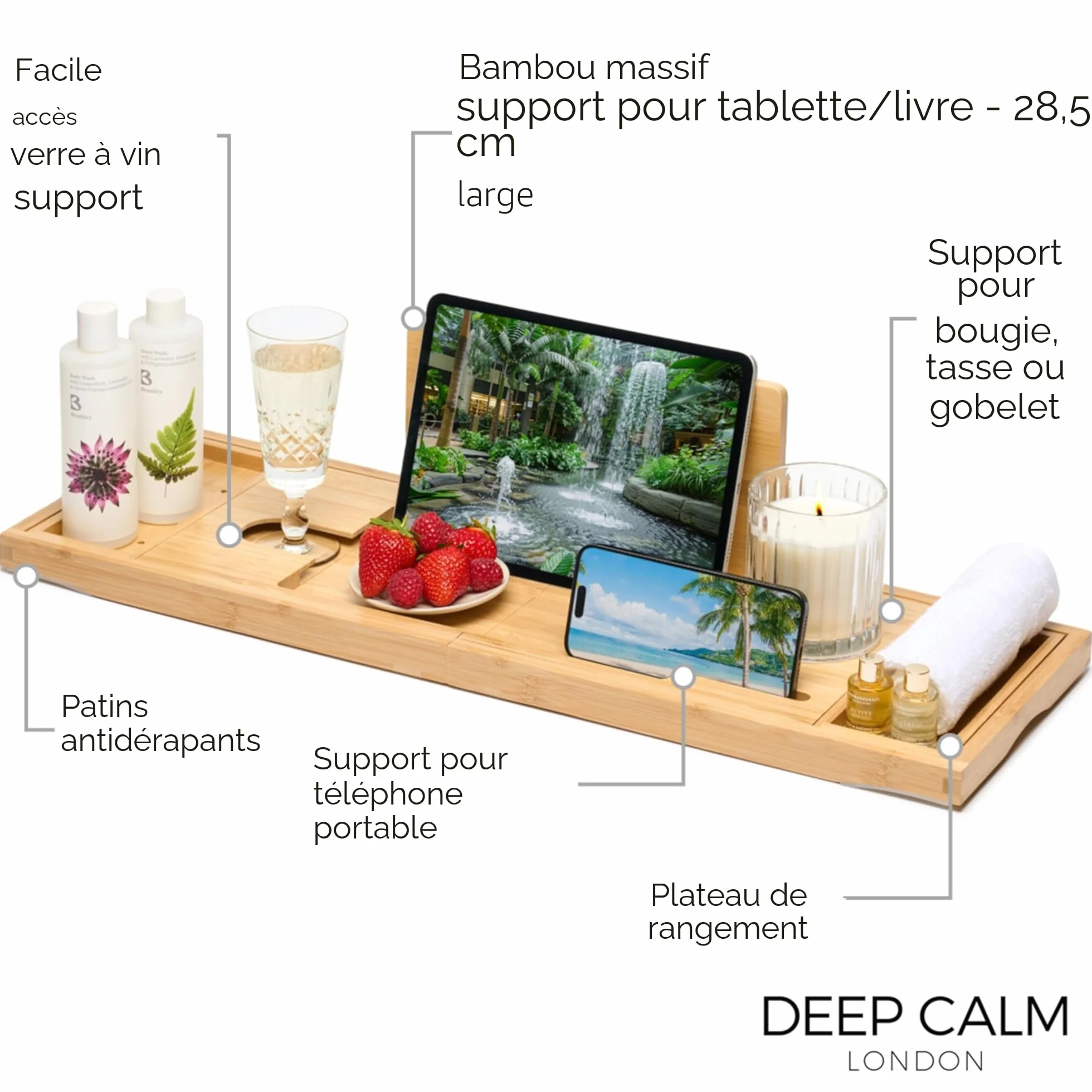 Baignoire Plateau Bambou Antidérapant pour Bain avec Support iPad Téléphone