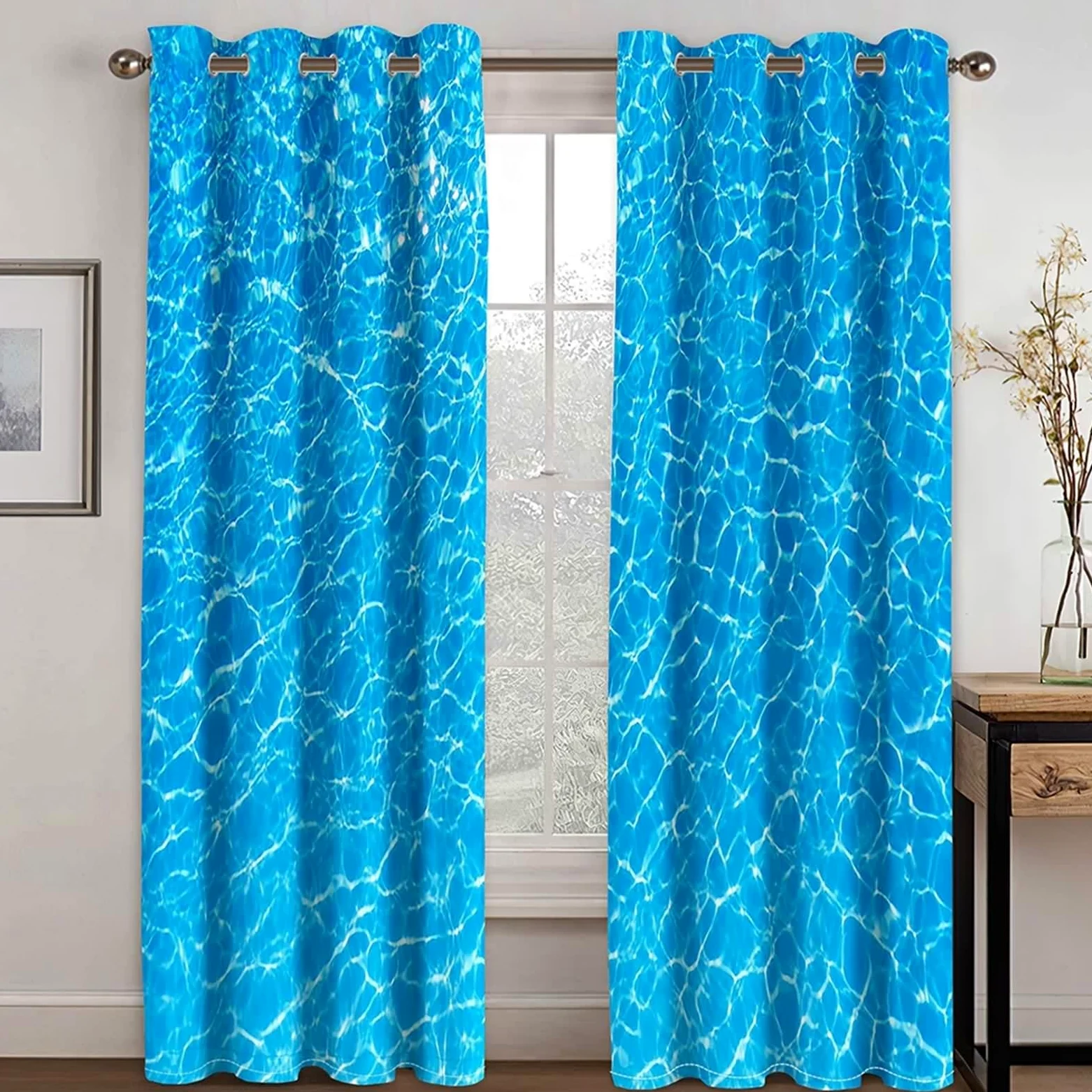 Rideaux Fenetre, Rideau de Cuisine Long Vintage Bleu Polyester Paysage Marin 96L x 214H CM Lot de 2